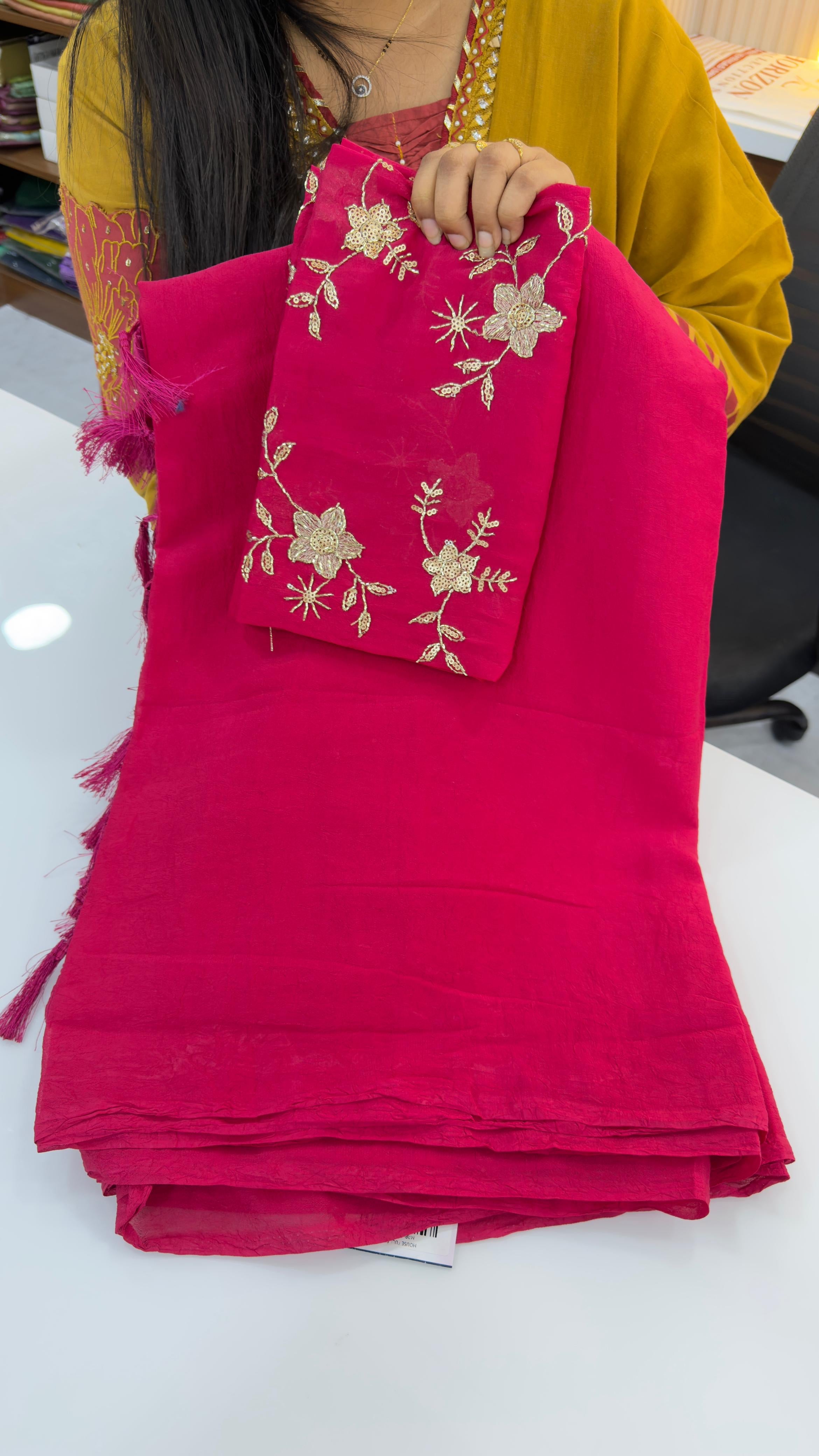 Premium Star Georgette with Crush Pattern &amp; Katli Work Blouse