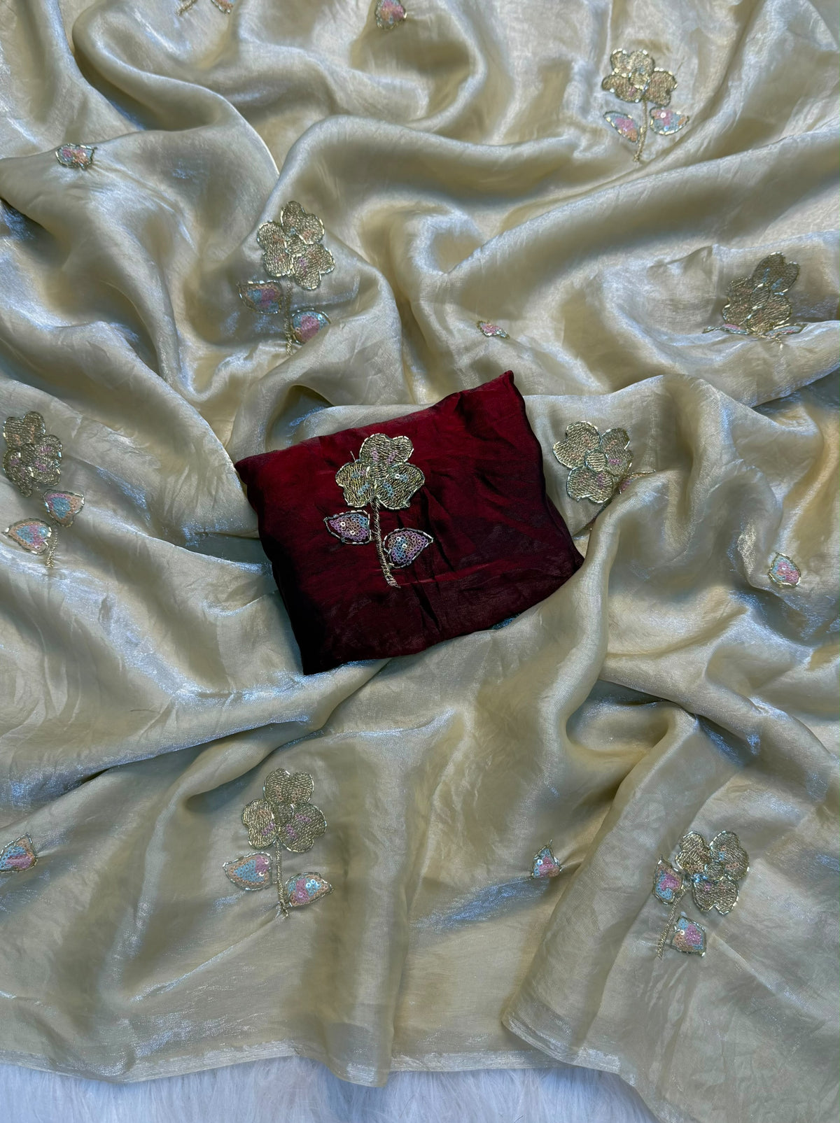 Space Silk Saree With Fancy Bhungali work &amp; Multi Color Sequince Embroderiy Work