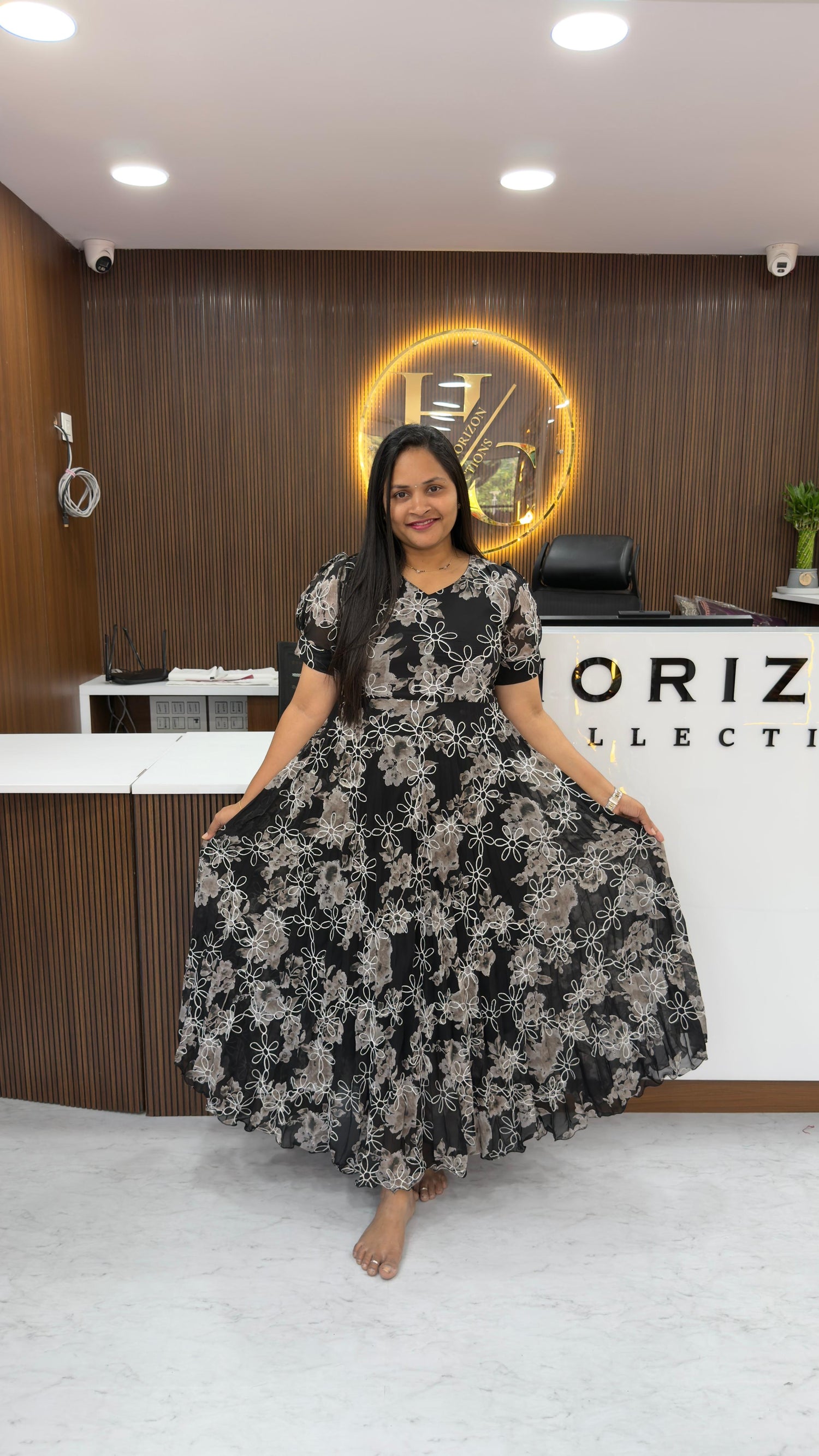 Georgette frocks with full flare and embroidery all over the dress