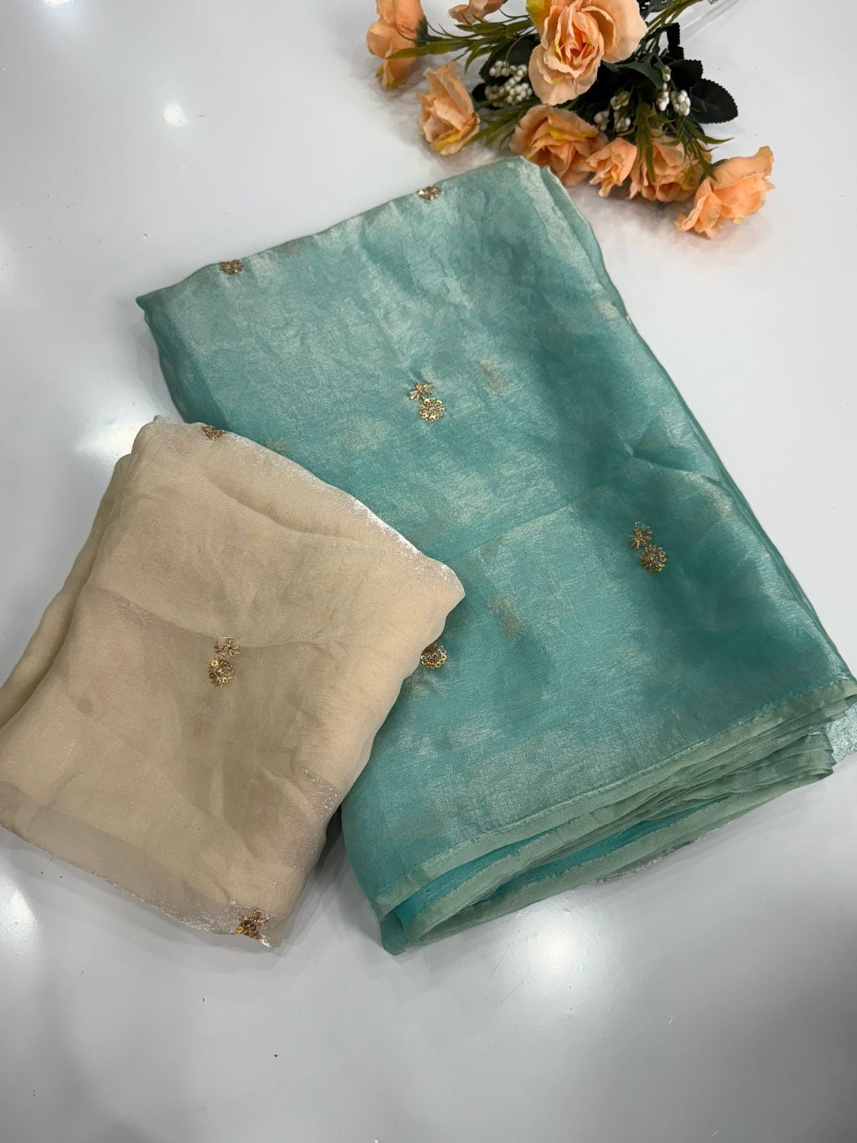 Fendy Sattin Multi Sequence Emrodairy Work With Contrast Running Blouse