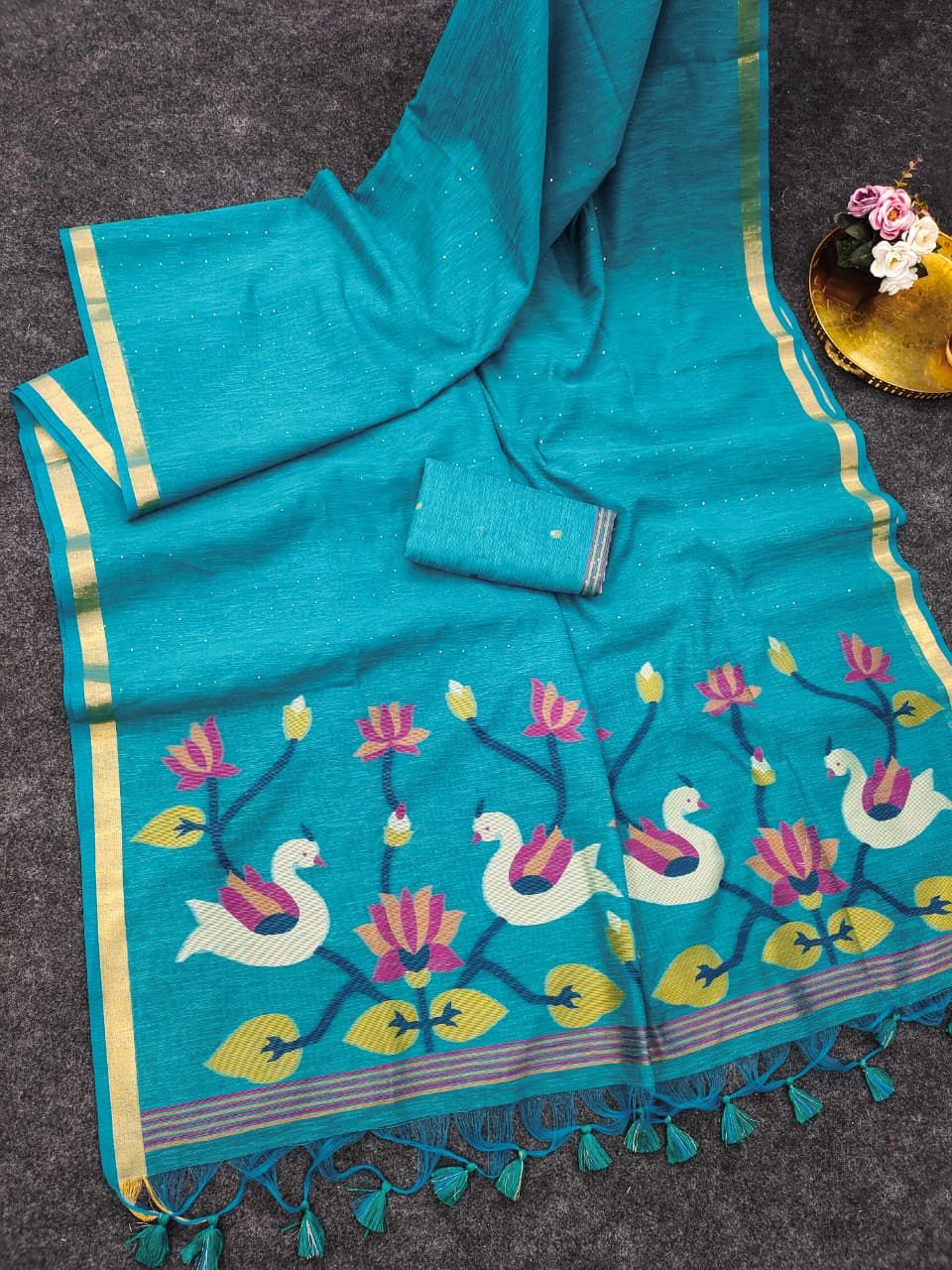 PREMIUM SOFT LINEN SILK SAREE WITH MEENA WEAVING RICH JAMDANI PALLU(NON-STORE PRODUCT)
