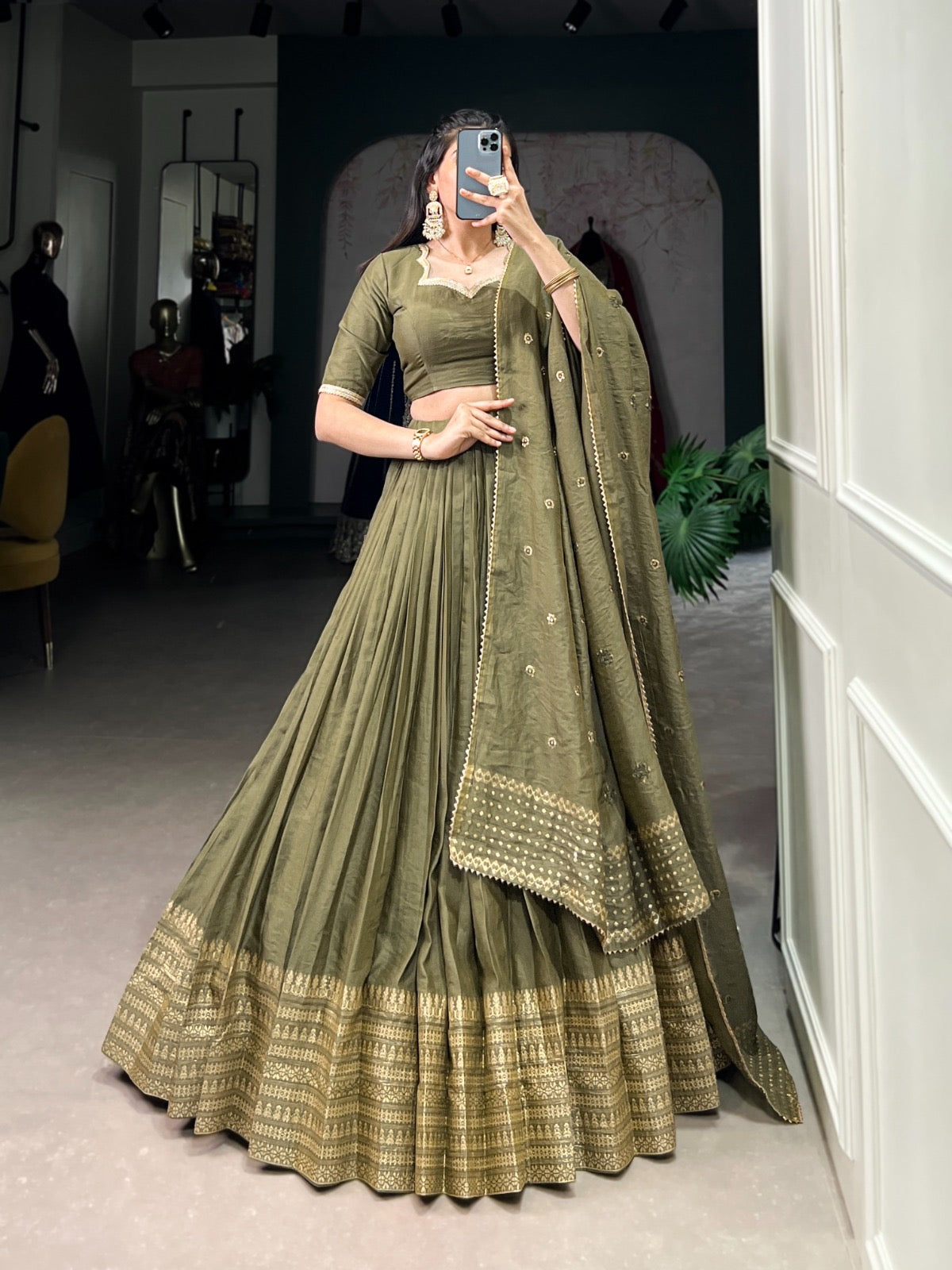 Pure Chanderi Plain Lehenga with Intricate Zari Work Border, Accompanied by Sequin Embellished Dupatta