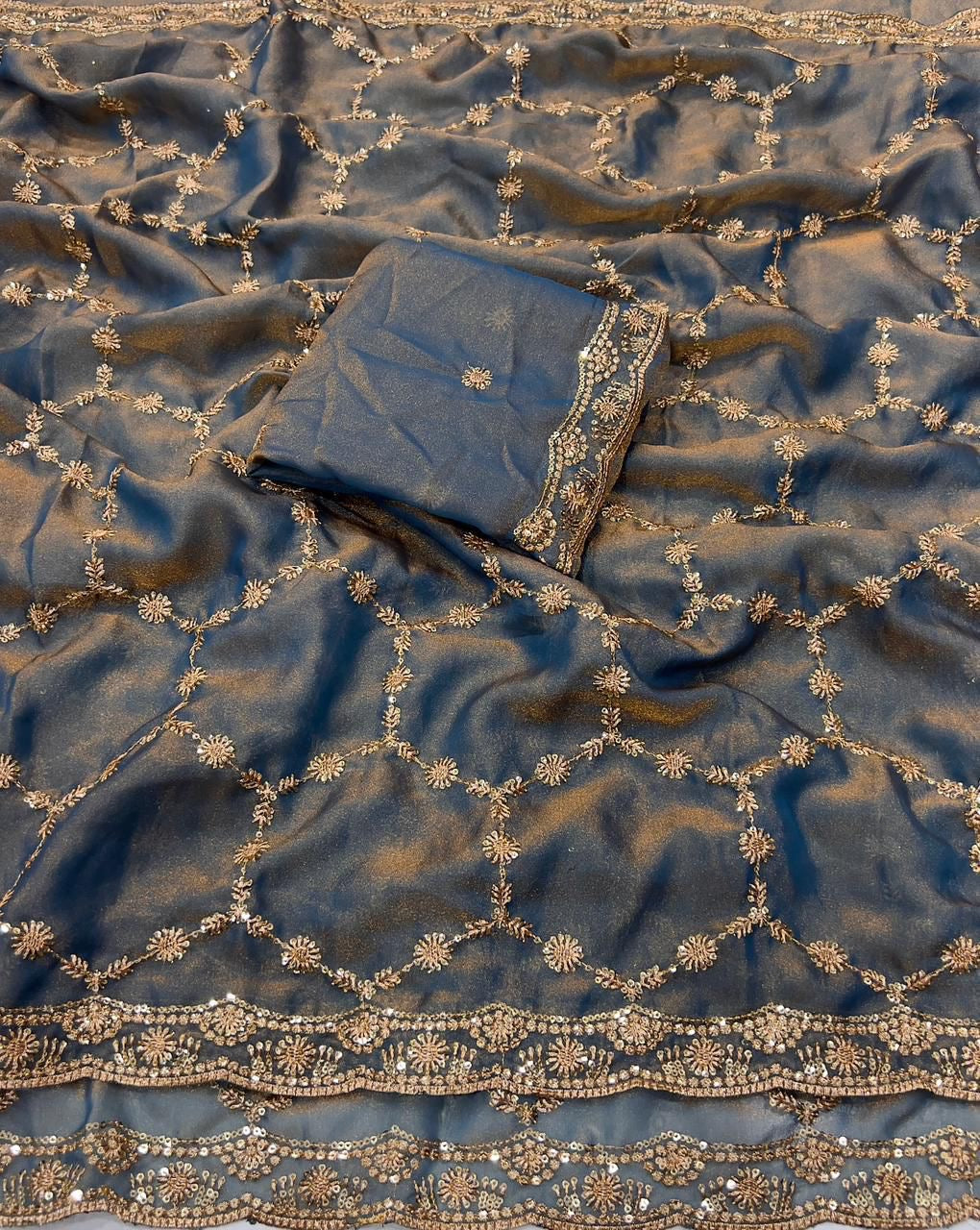 NC Moss Sattin Dual Shad Multi Sequence Emrodairy Work Saree With Running Blouse