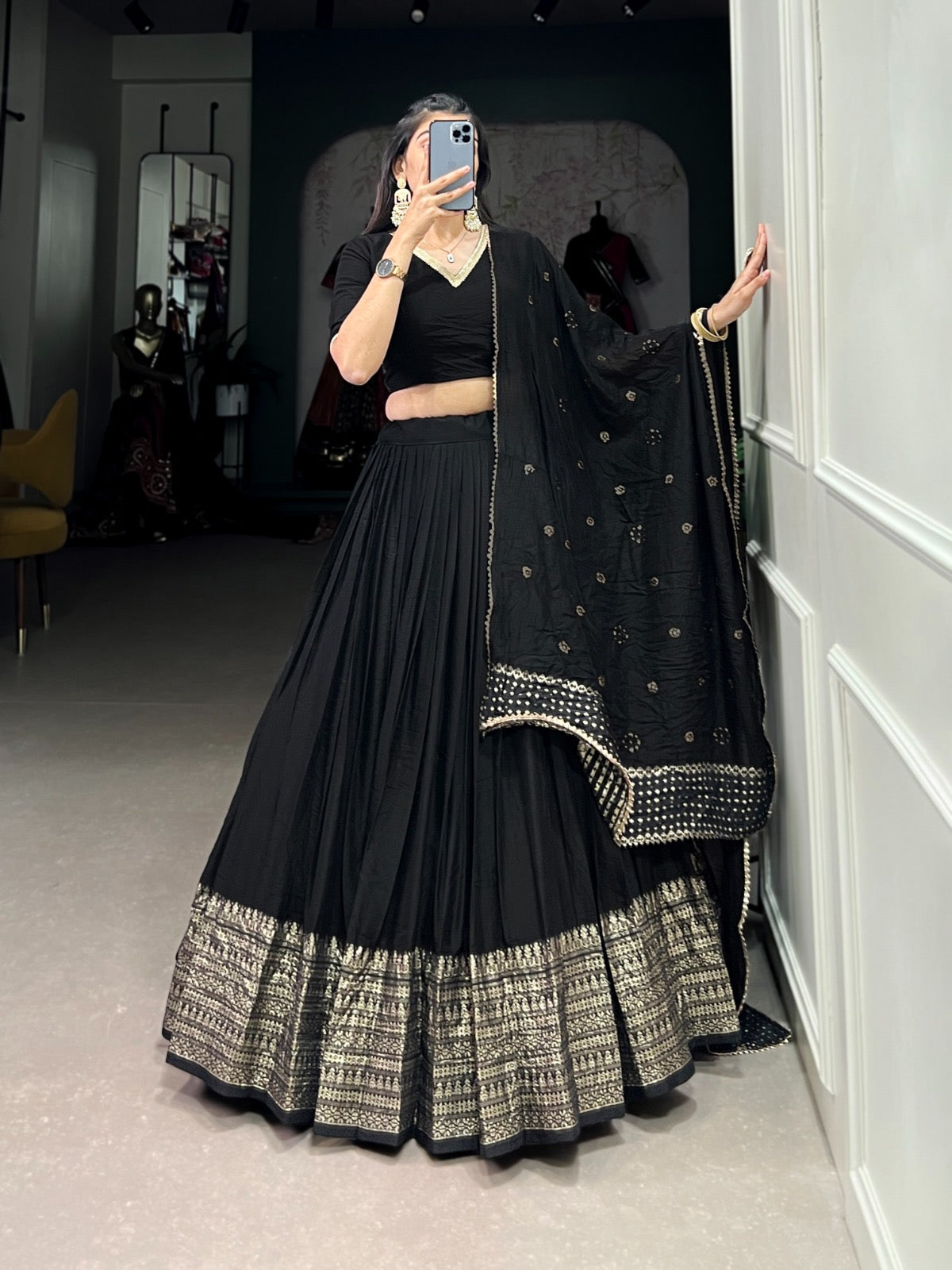 Pure Chanderi Plain Lehenga with Intricate Zari Work Border, Accompanied by Sequin Embellished Dupatta