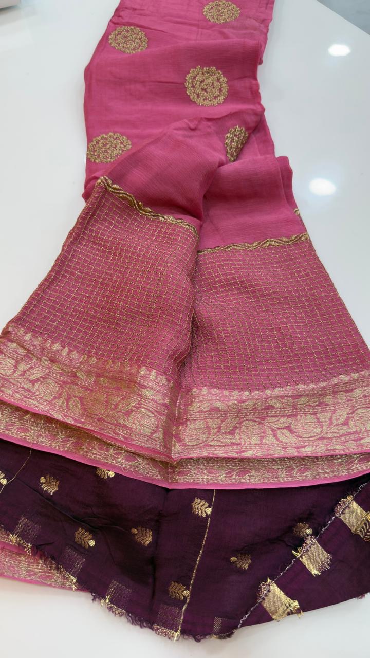 Pure Banarasi chiffon sarees with zari thread embroidery