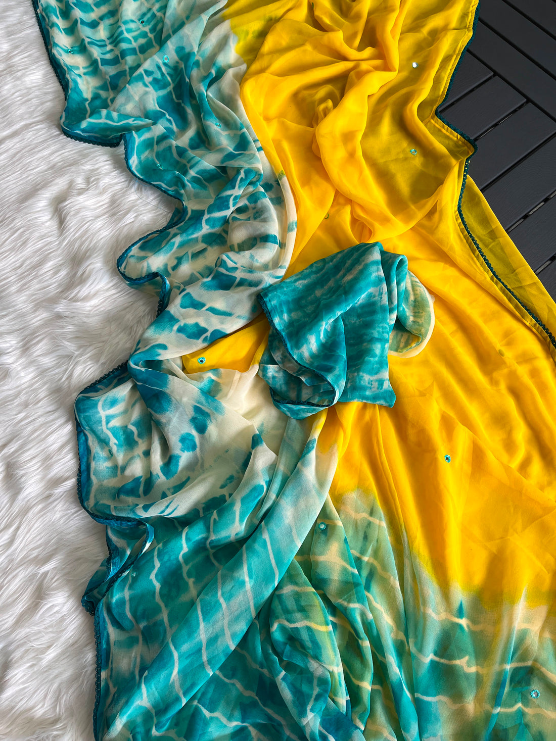 Shibori printed pure georgette saree with foil mirror work(NON-STORE)