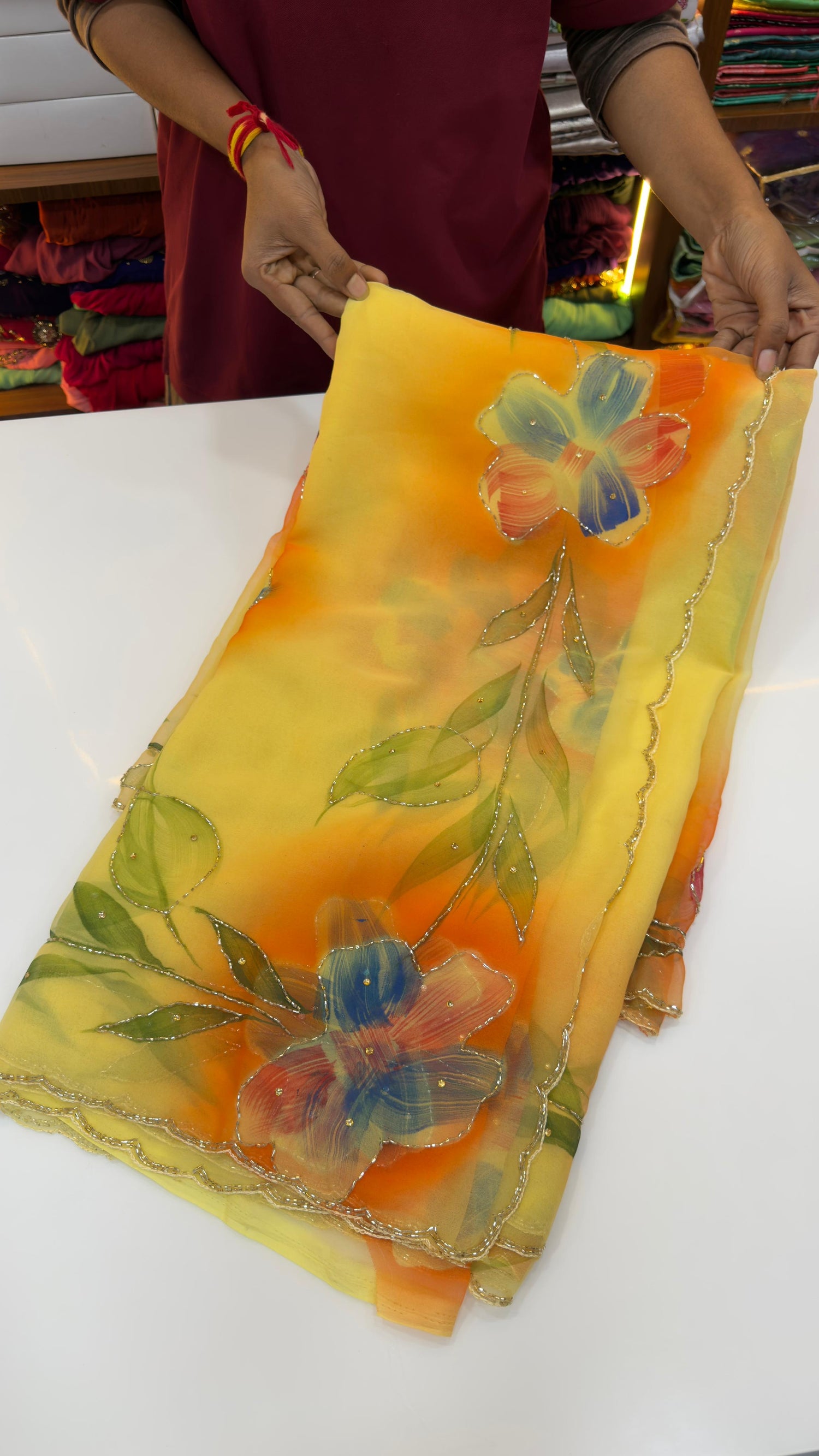 Light weight brush paint maggam work sarees