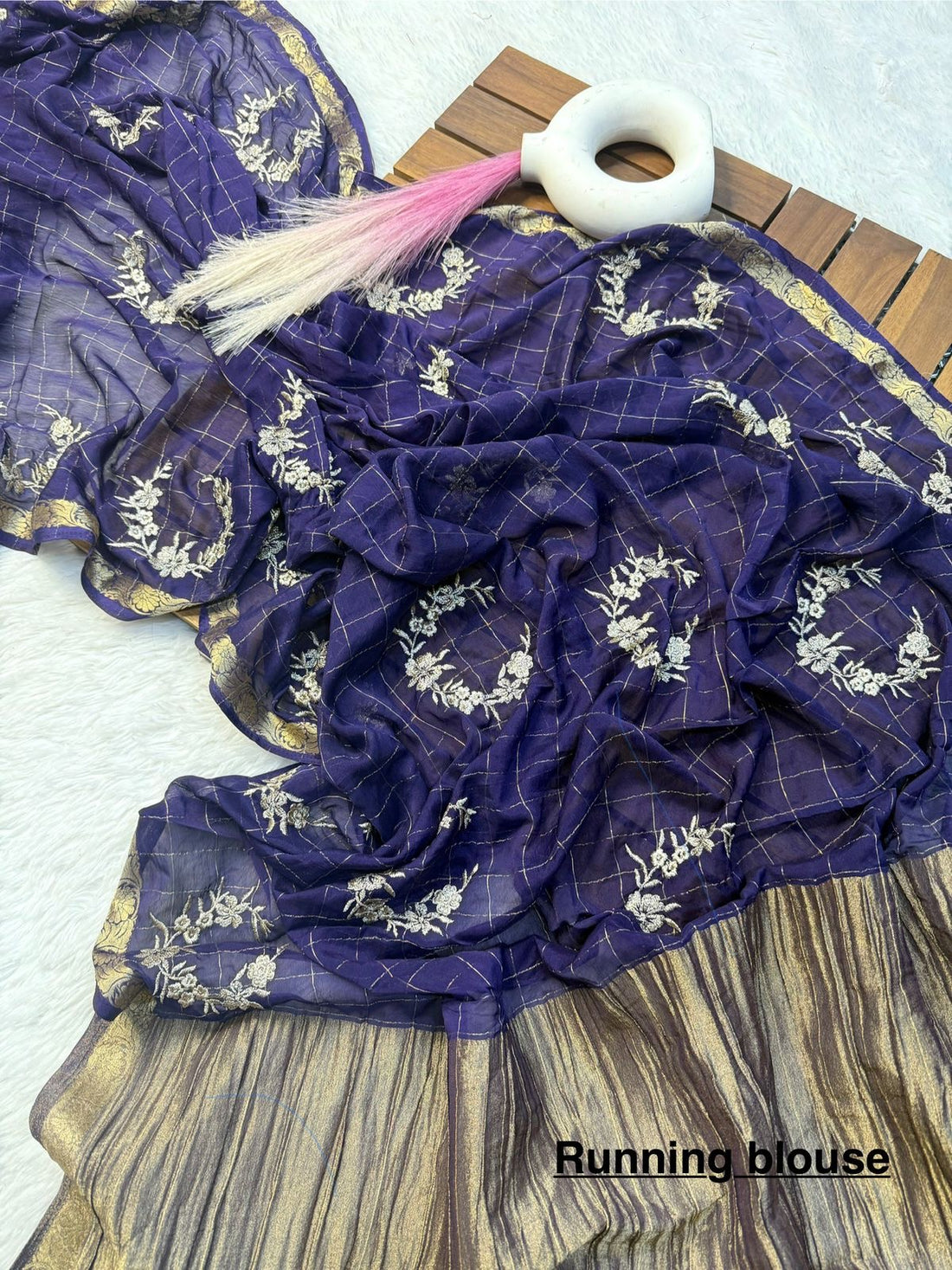 Pure chinnon Viscose Chex embroidery Squence Saree With viscose butti blouse