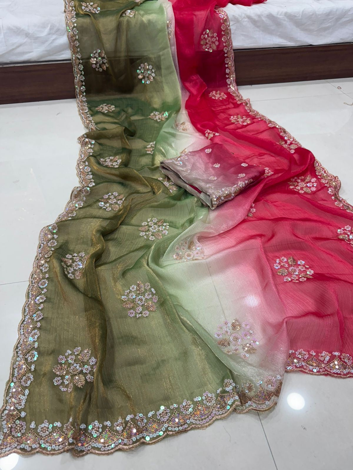 Fendy Chiffon Shaded Multi Sequence Emrodairy Work Saree With Running Blouse