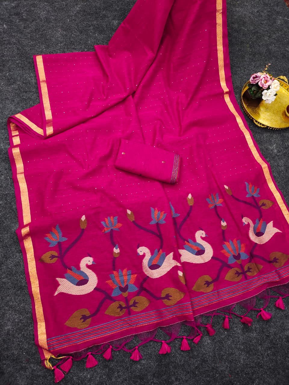 PREMIUM SOFT LINEN SILK SAREE WITH MEENA WEAVING RICH JAMDANI PALLU(NON-STORE PRODUCT)