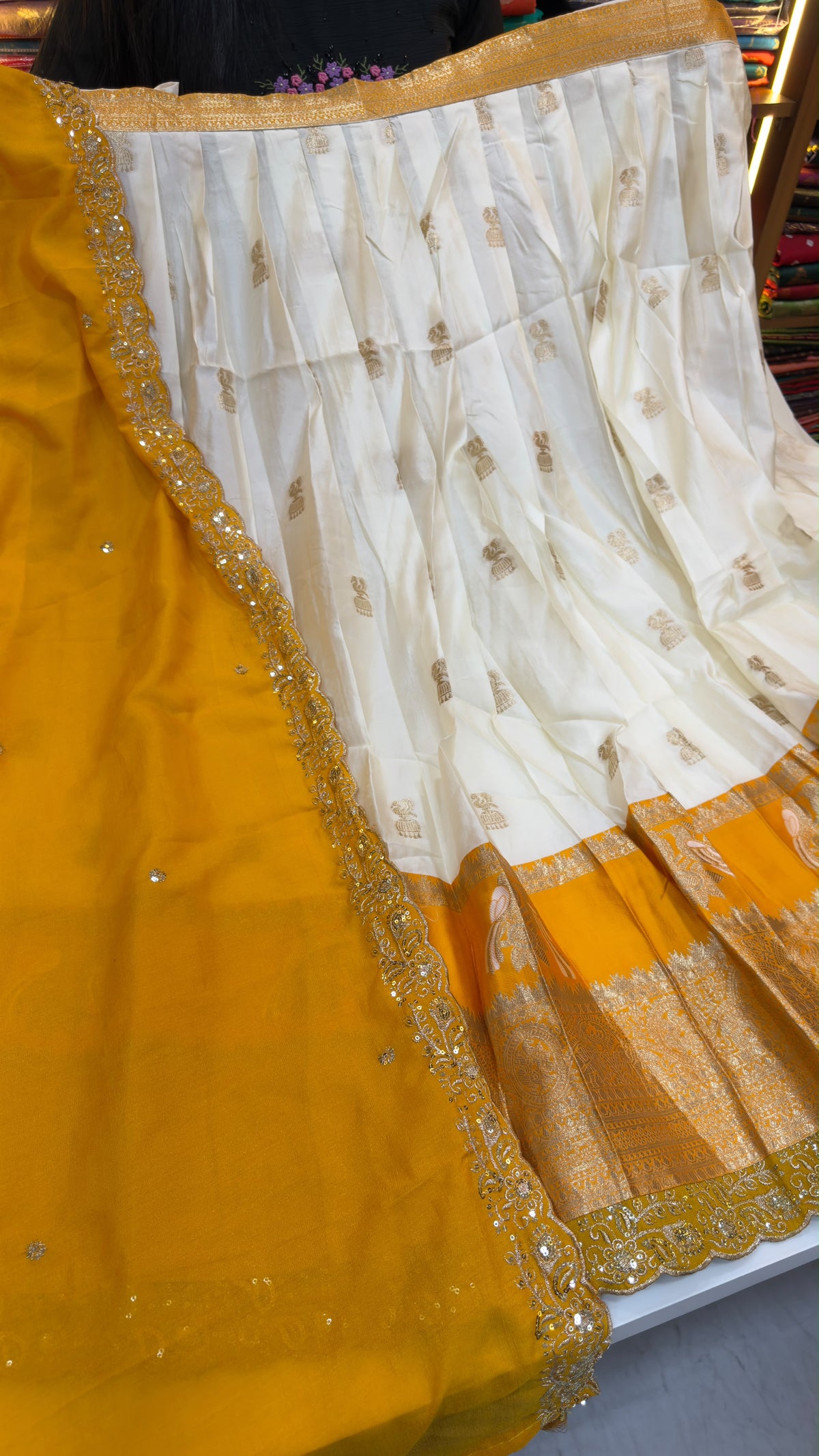 Cream Pattu Lehenga