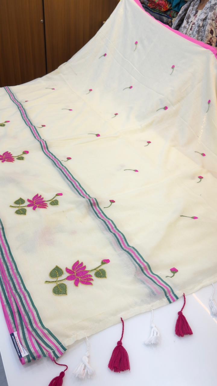 Mul cotton with thread embroidery sarees
