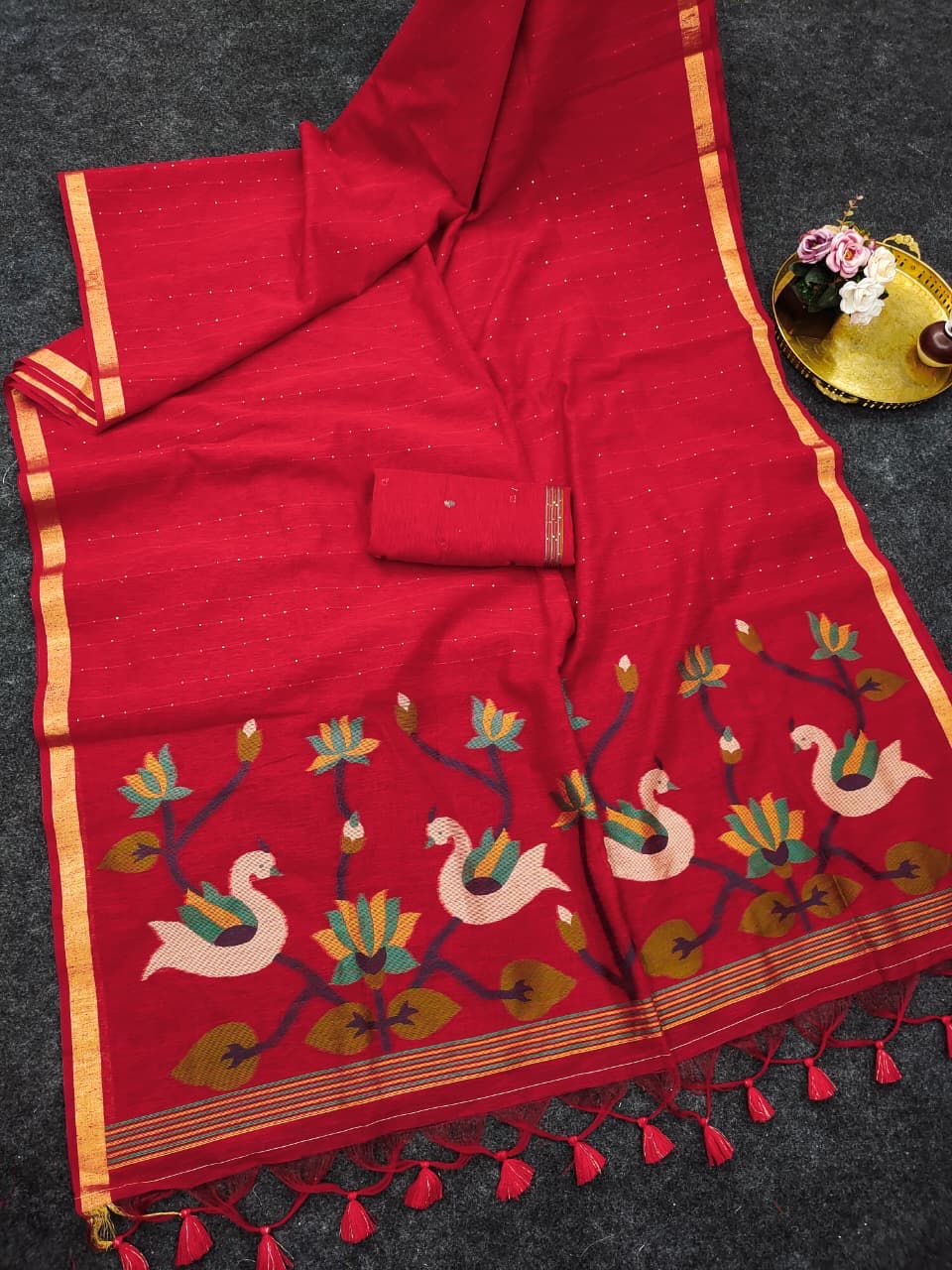 PREMIUM SOFT LINEN SILK SAREE WITH MEENA WEAVING RICH JAMDANI PALLU(NON-STORE PRODUCT)