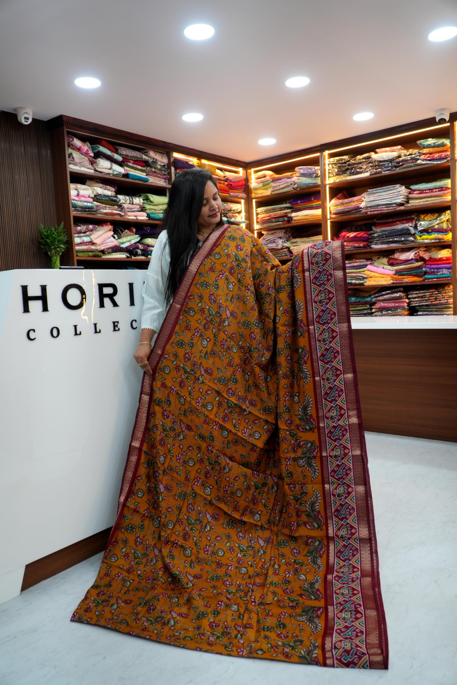 Kalamkari sarees in Maheswari silk fabric and Pochampally borders