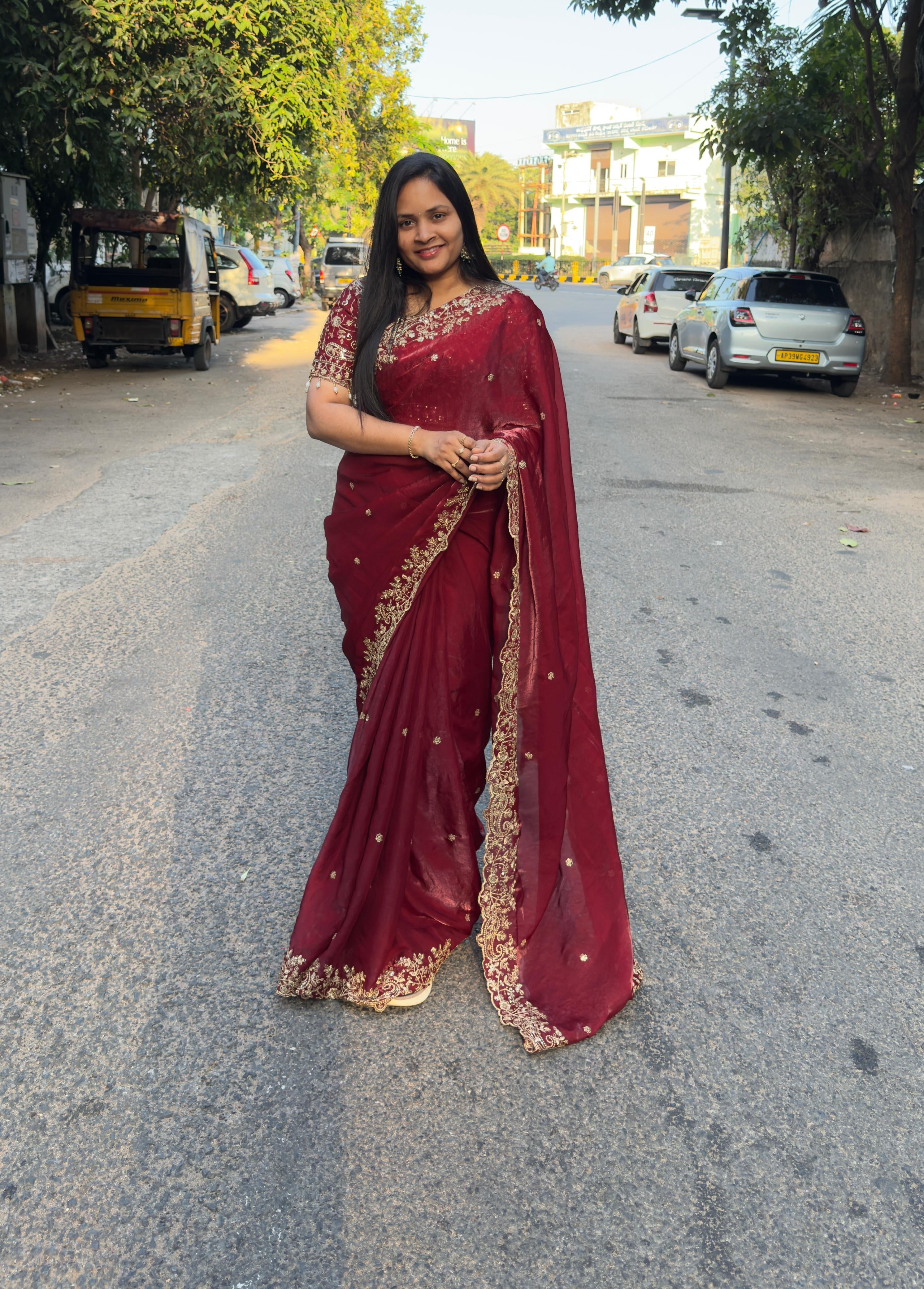 Party wear saree with stitched blouse