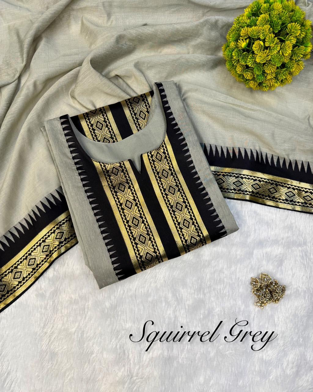 pure silk cotton Kurti set with zari kanchi border work and beautiful contrast zari weaving dupatta