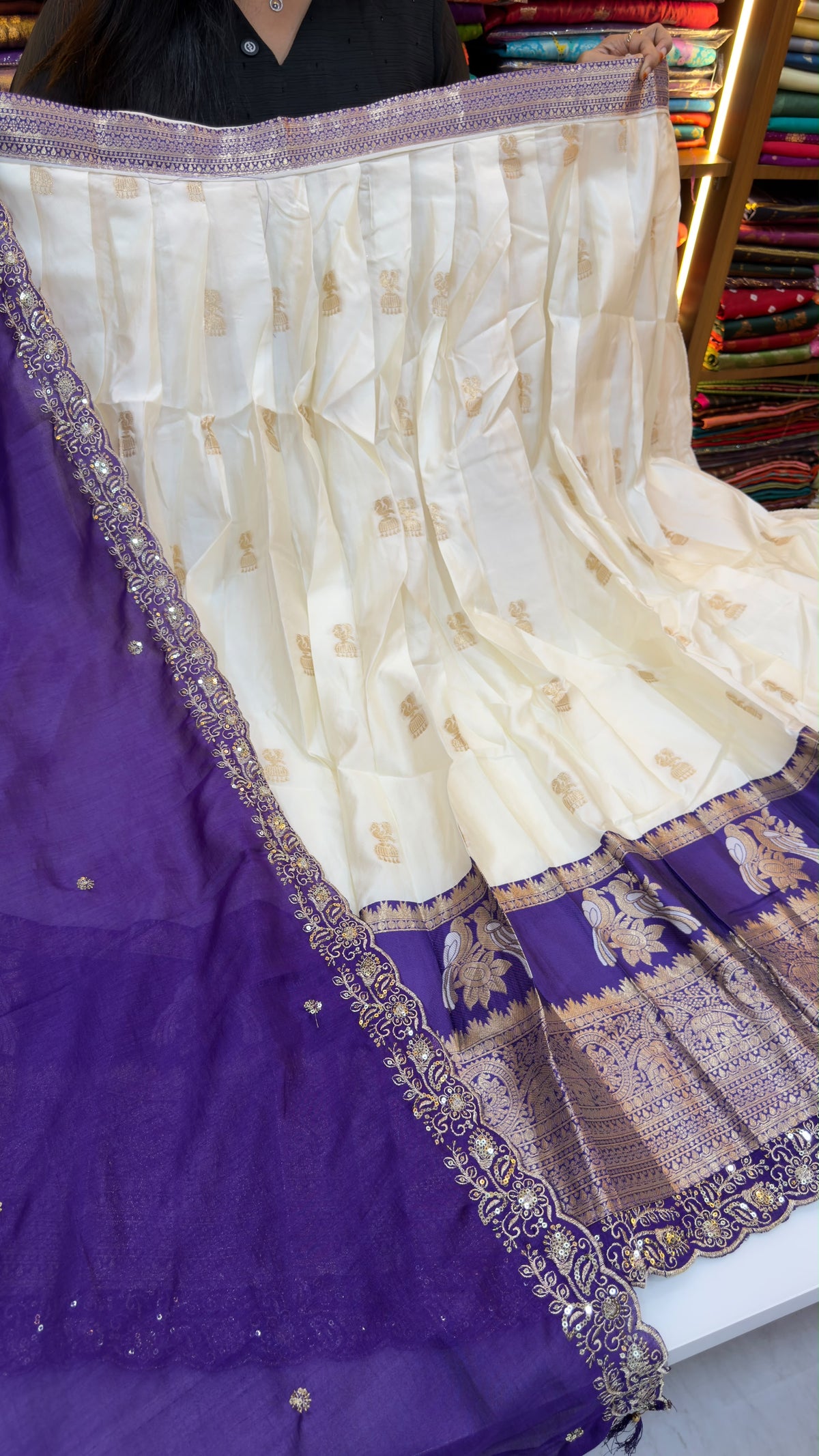 Cream Pattu Lehenga