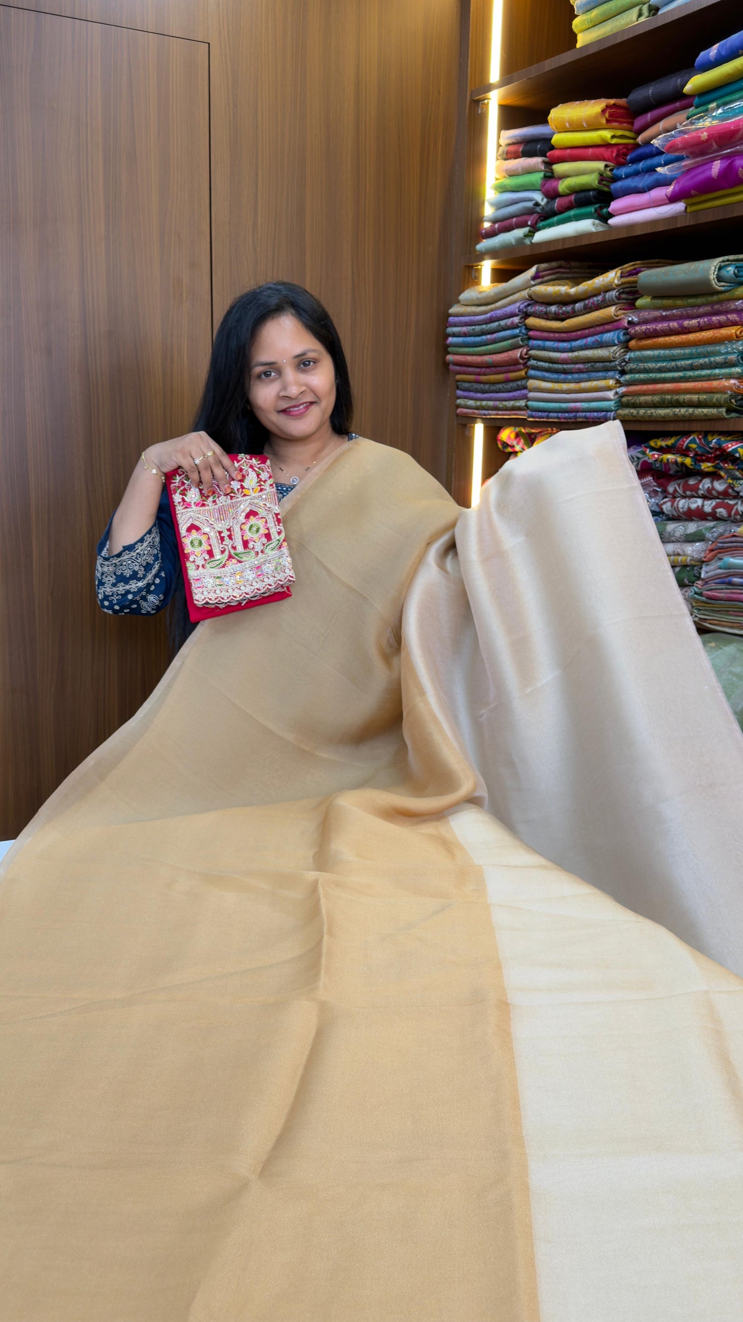 Gold &amp; Silver soft tissue saree with embroidery work blouse