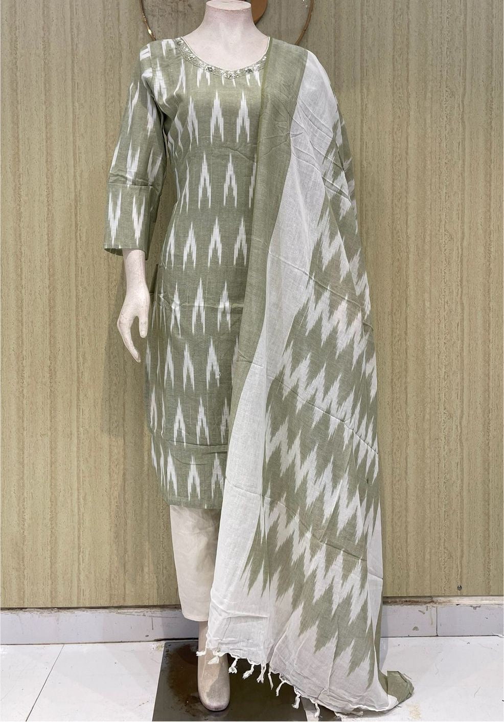 Pure handloom cotton Ikkat design 3 piece set with maggam work across the neck