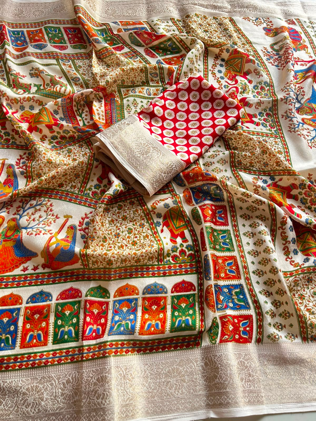 Dola silk saree with Kalamkari print and jacquard border
