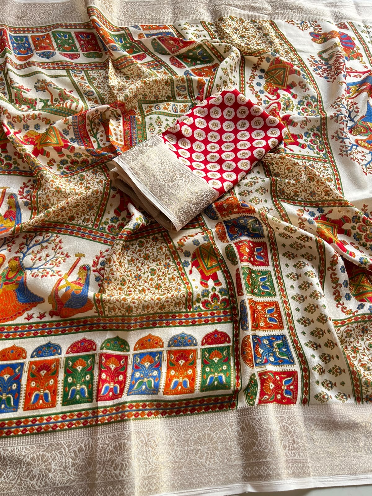 Dola silk saree with Kalamkari print and jacquard border