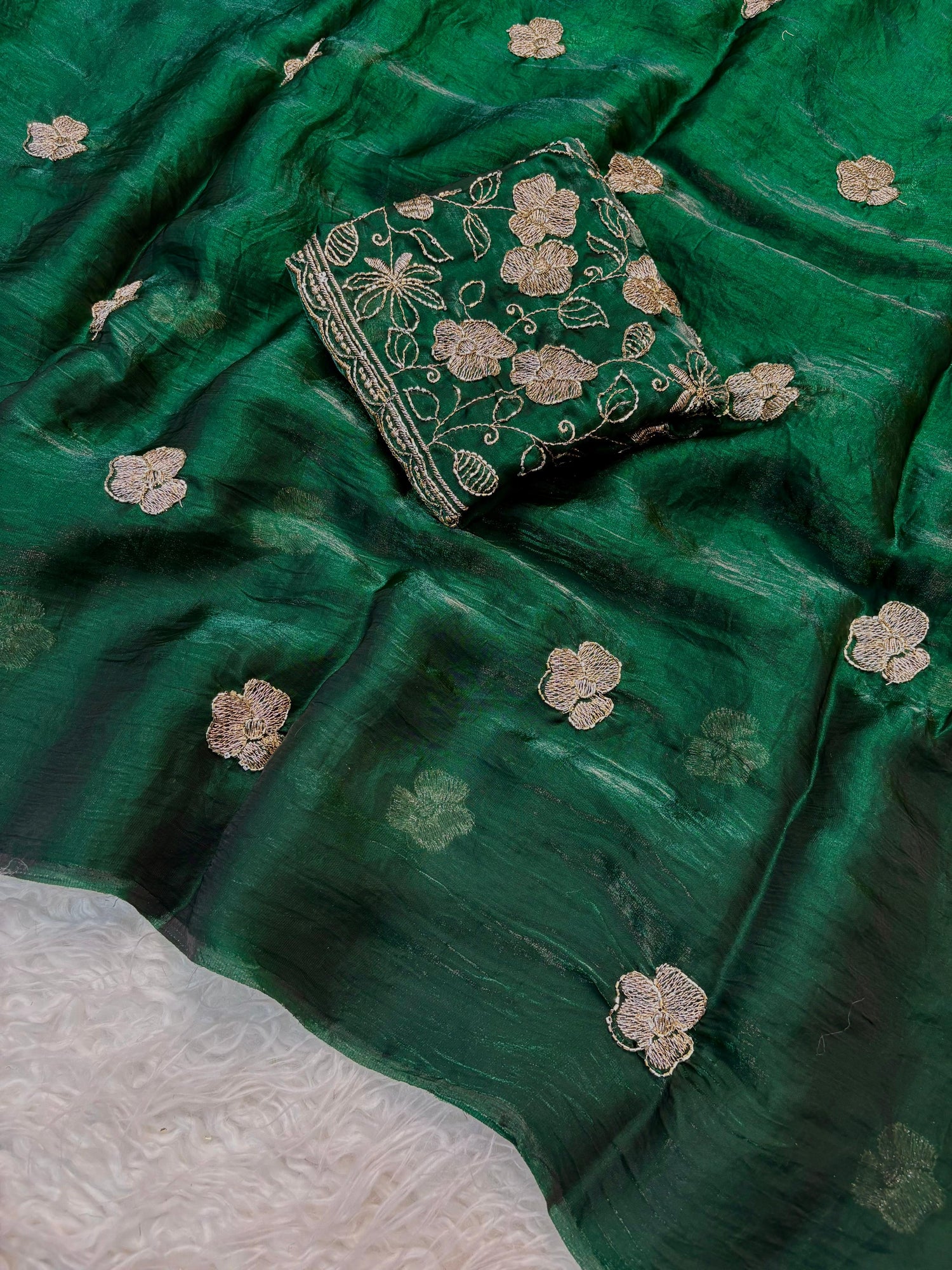 Two tone space silk fabric with designer blouse with handwork