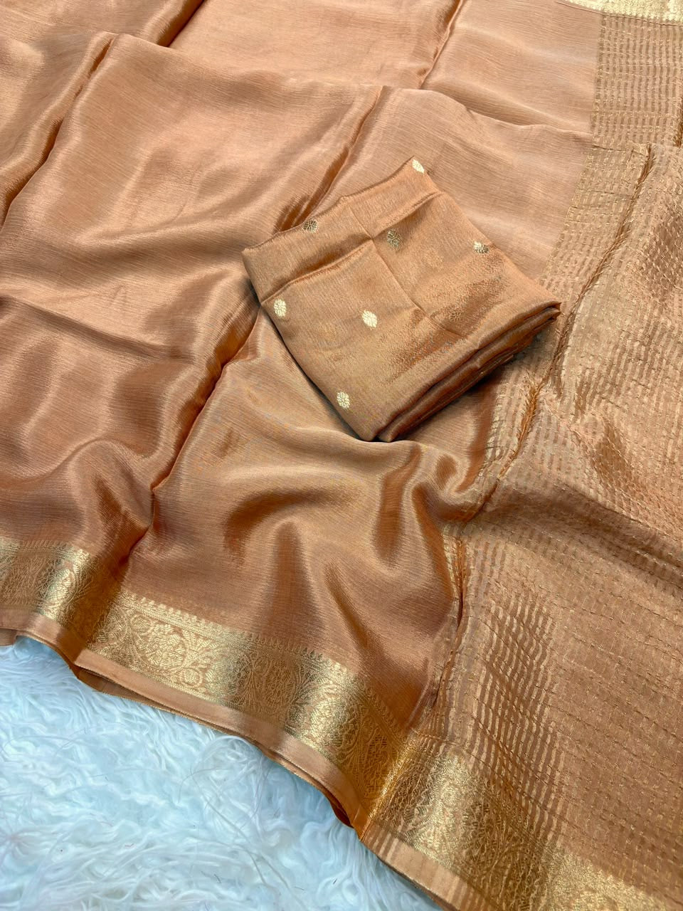 Pure viscose chinnon saree with trending jacquard border with pure viscose chinnon blouse(NON-STORE)