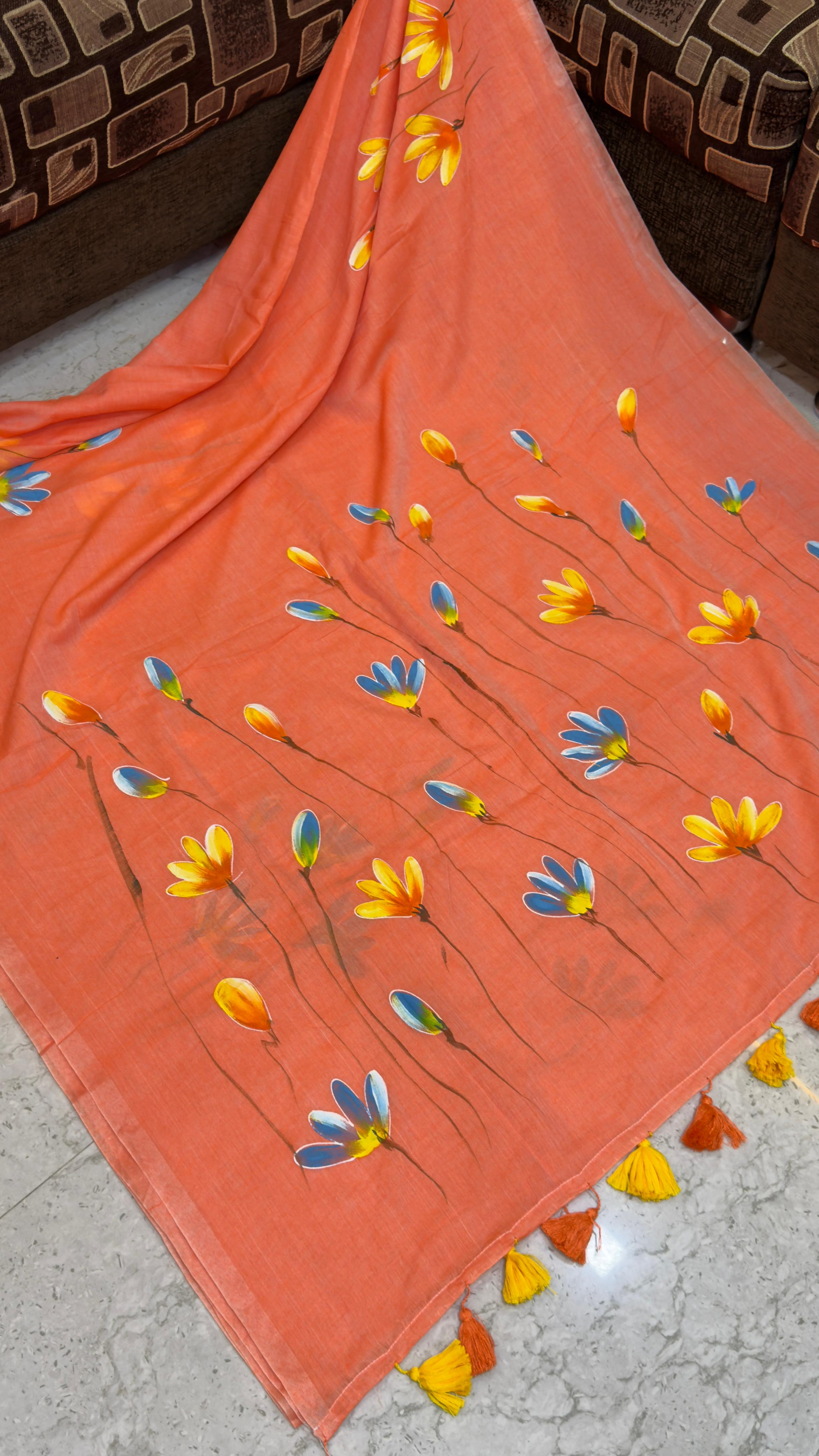 Hand paint Mul cotton saree