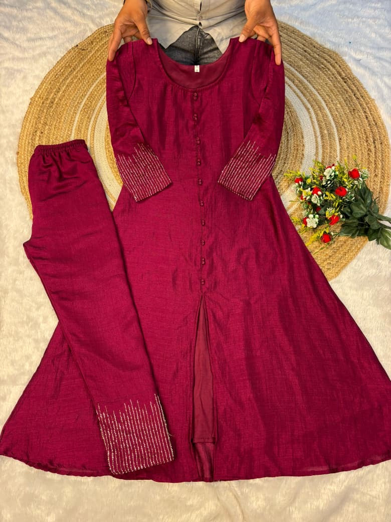 A-line kurta set with beautiful sleeve and pant handwork