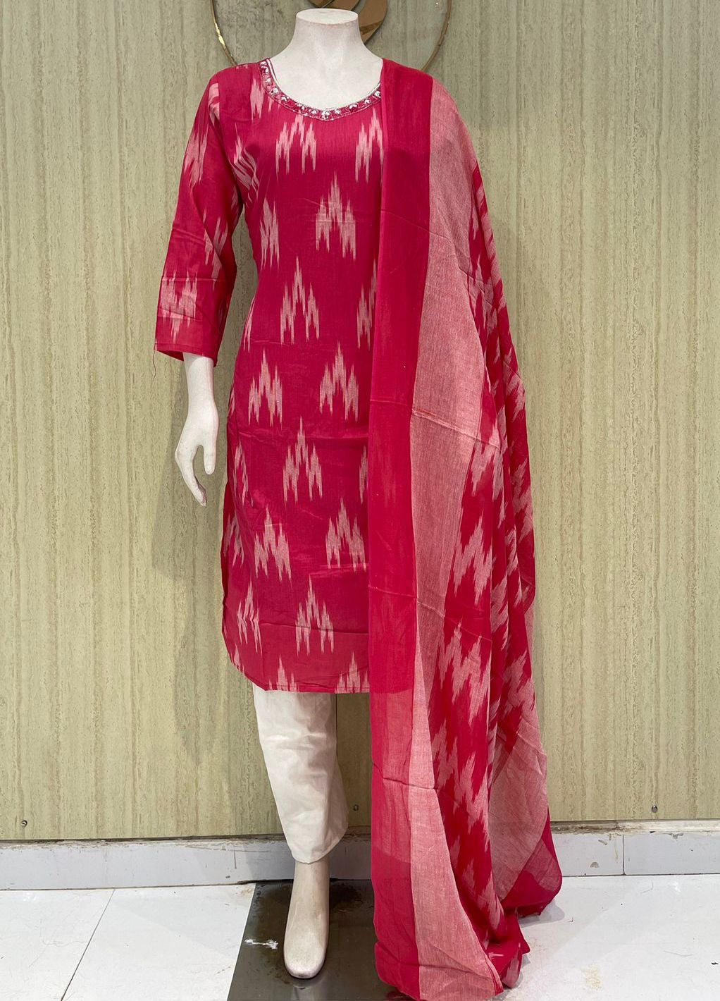 Pure handloom cotton Ikkat design 3 piece set with maggam work across the neck
