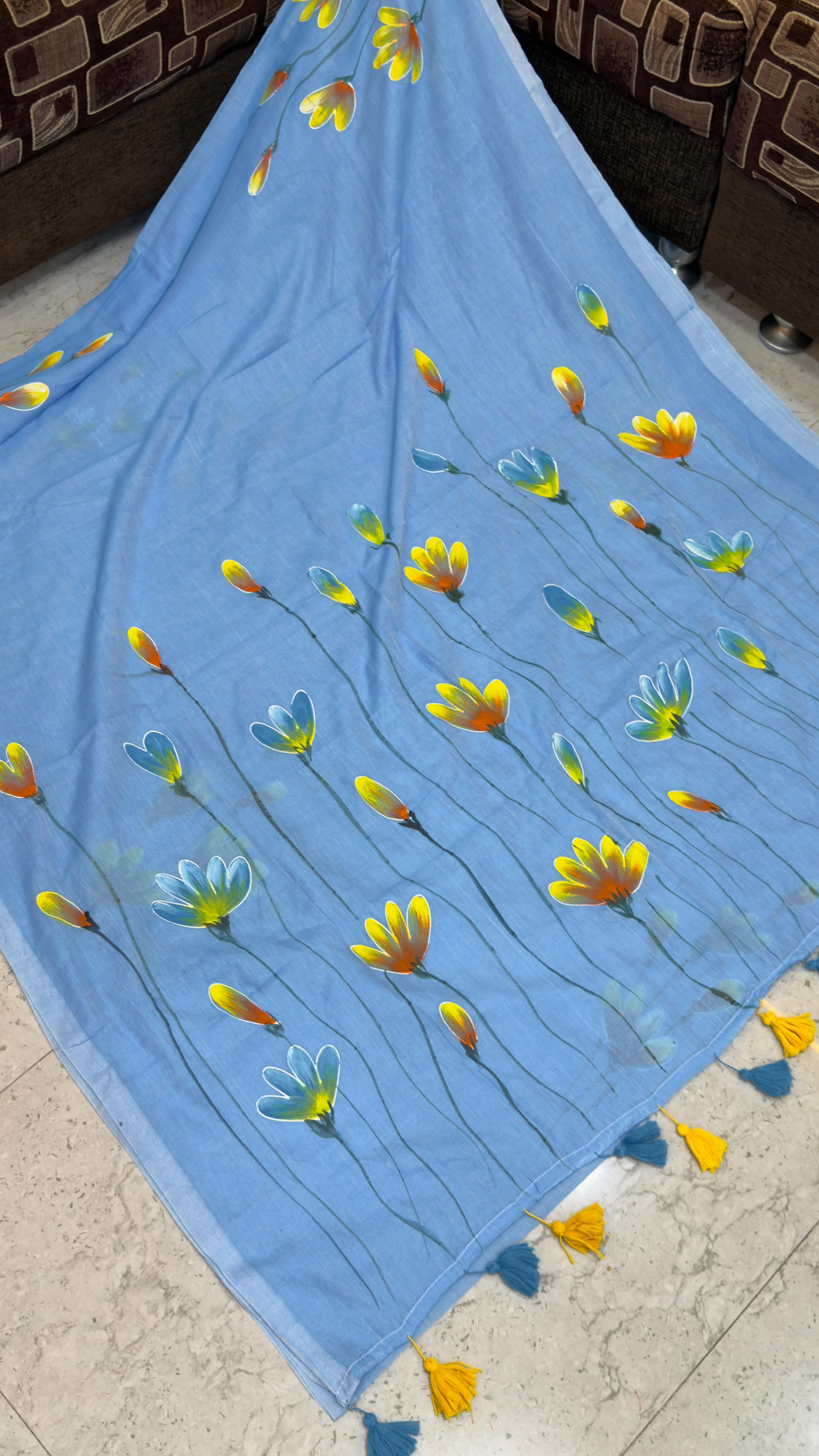 Hand paint Mul cotton saree