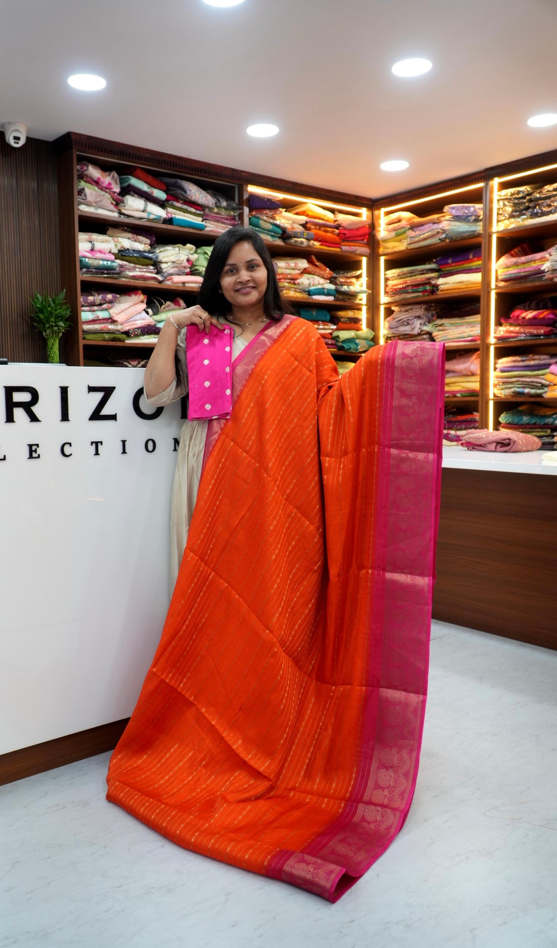 Orange and pink uniform saree