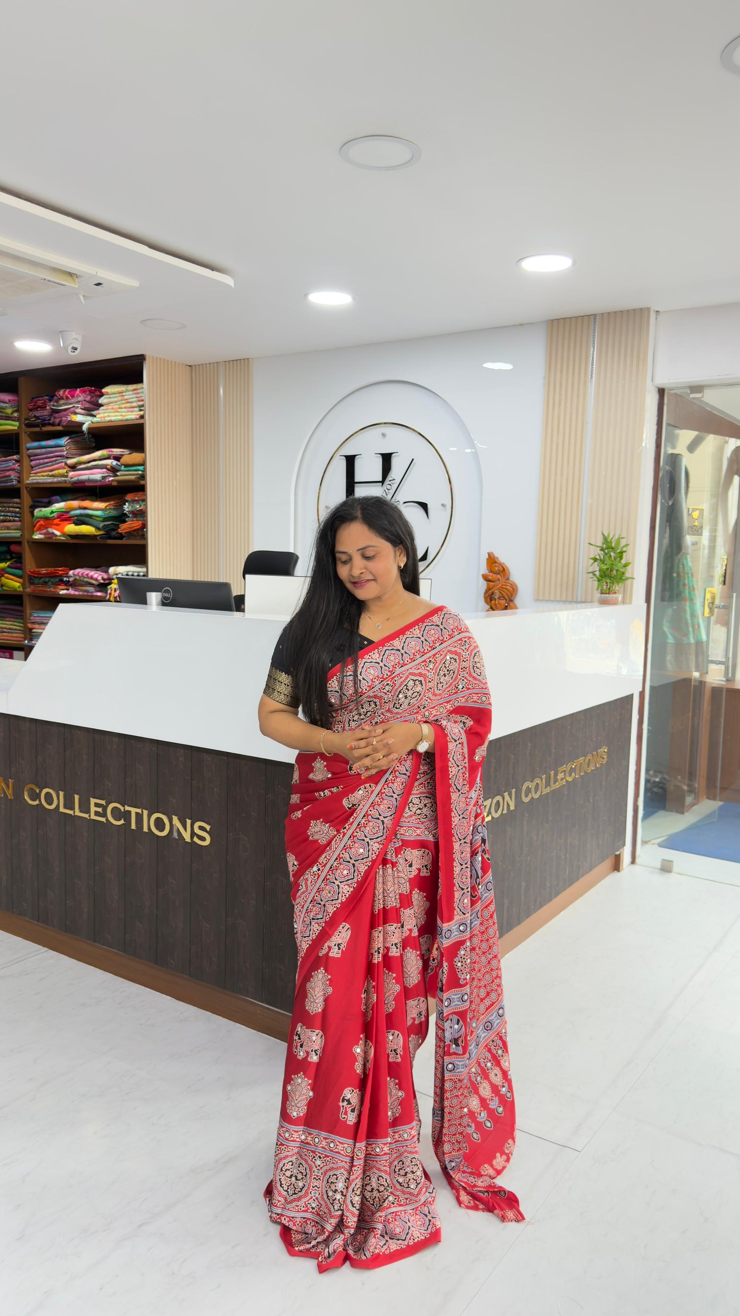 Premium crepe Ajrakh saree with mirrors