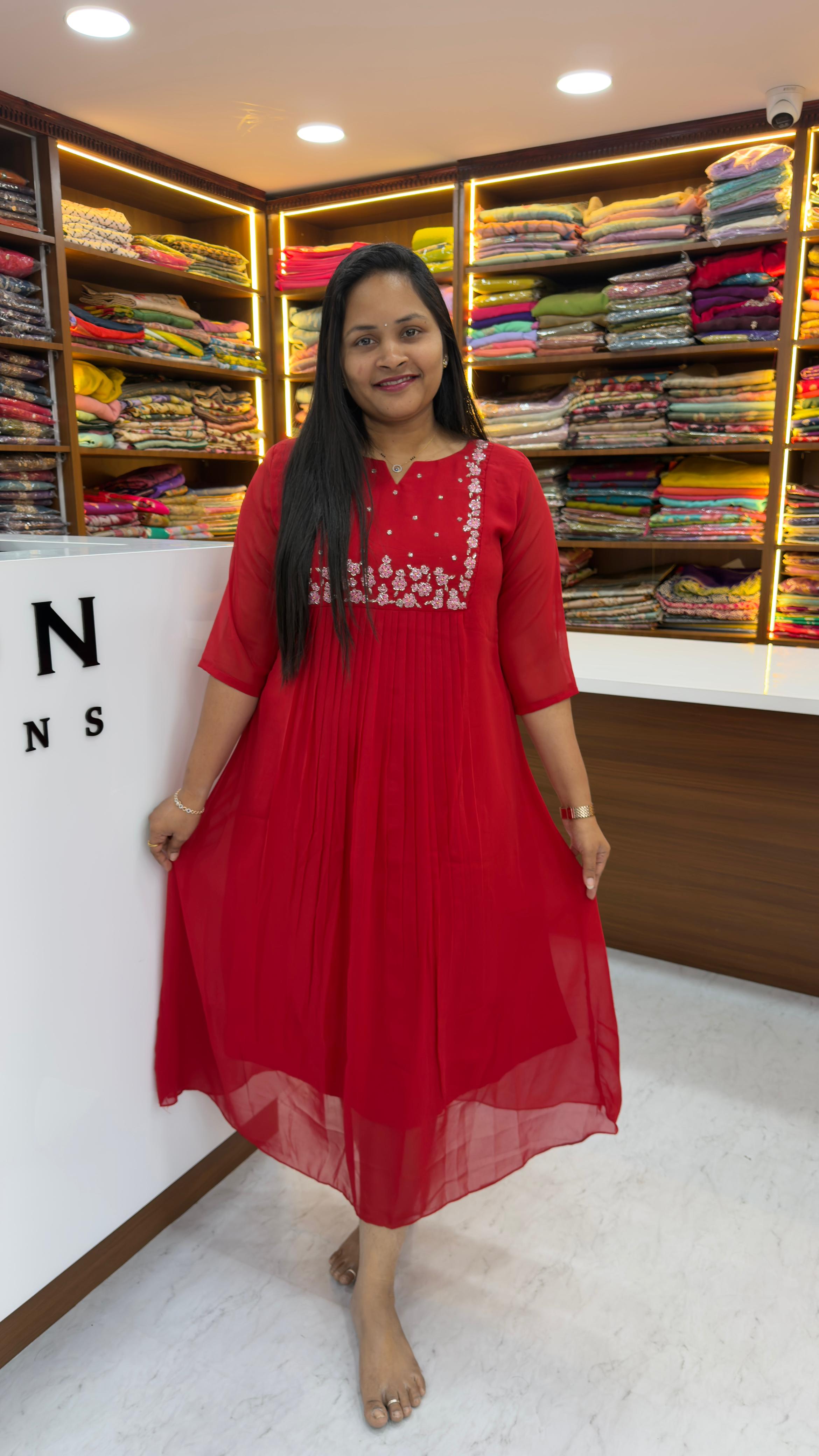 Georgette pleated maggam work frocks