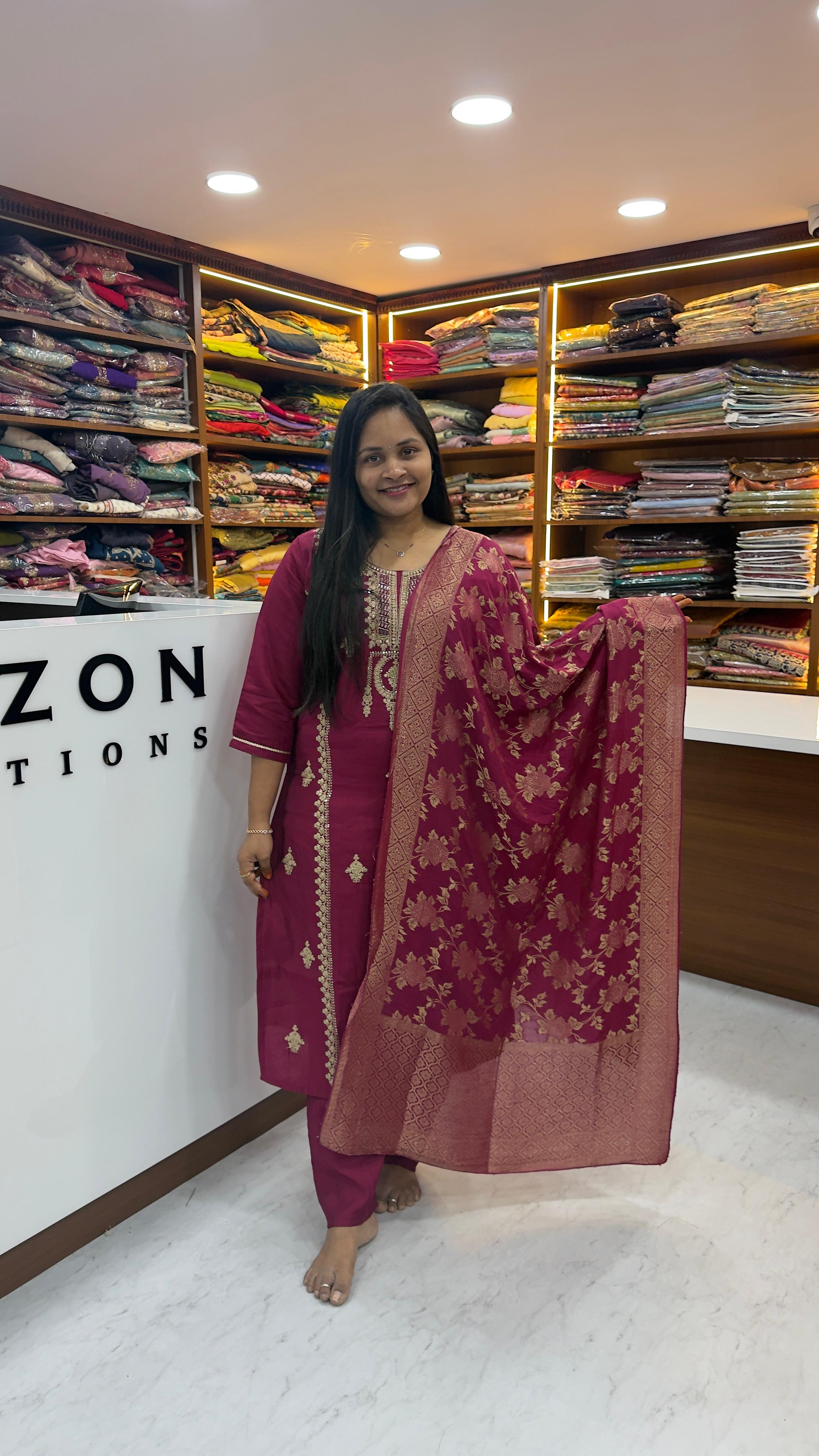 Premium Roman silk suit set with Banarasi Dupatta