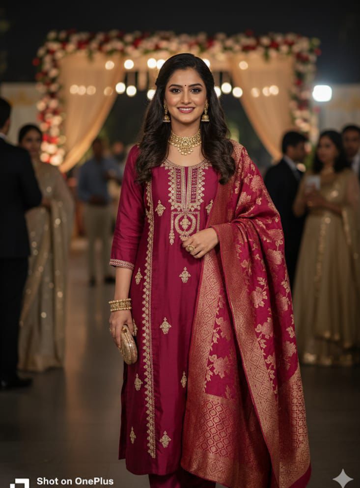 Premium Roman silk suit set with Banarasi Dupatta