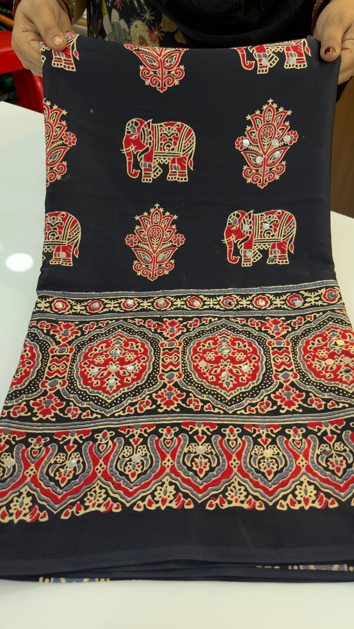 Ajrakh satin crepe saree