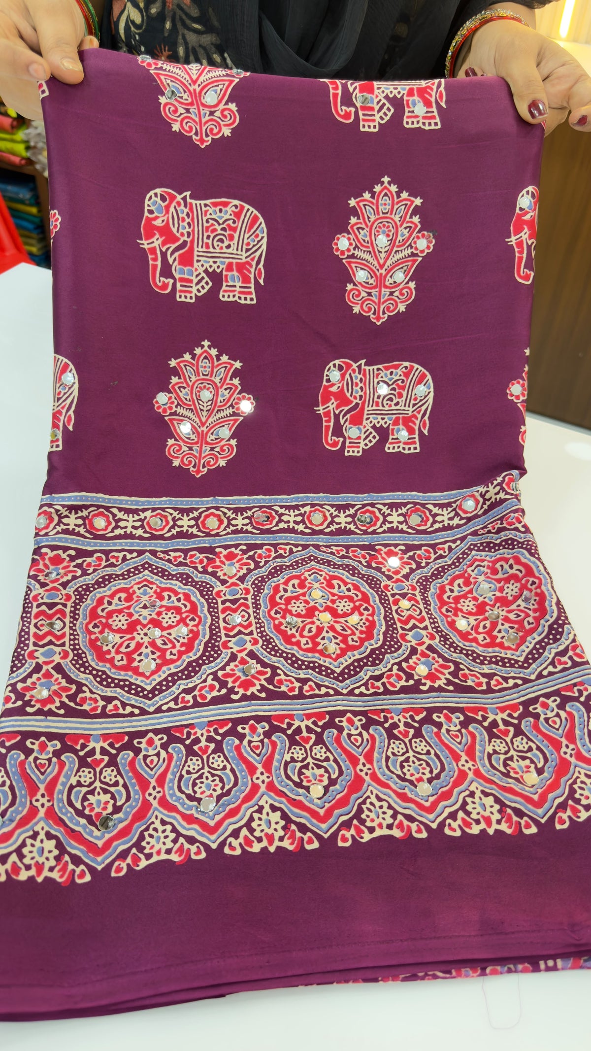 Ajrakh satin crepe saree