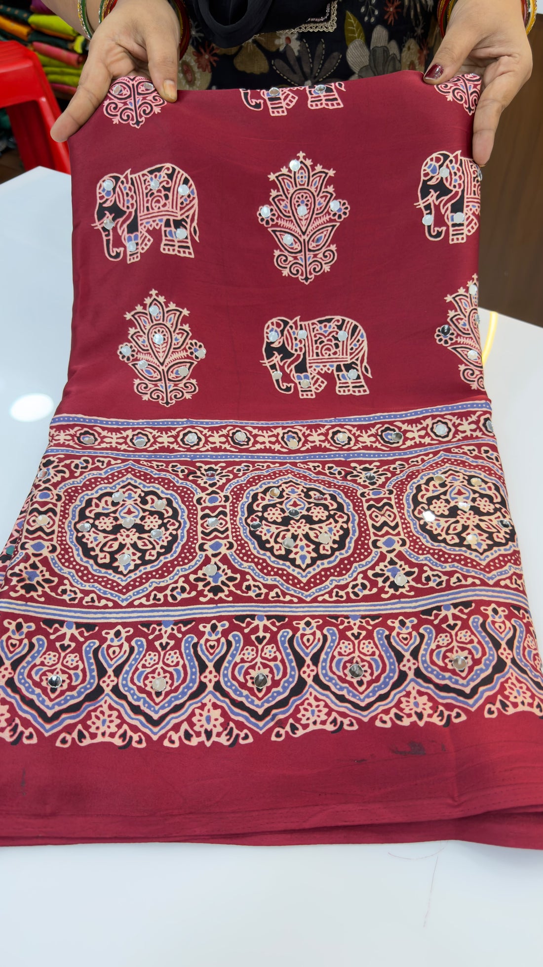 Ajrakh satin crepe saree