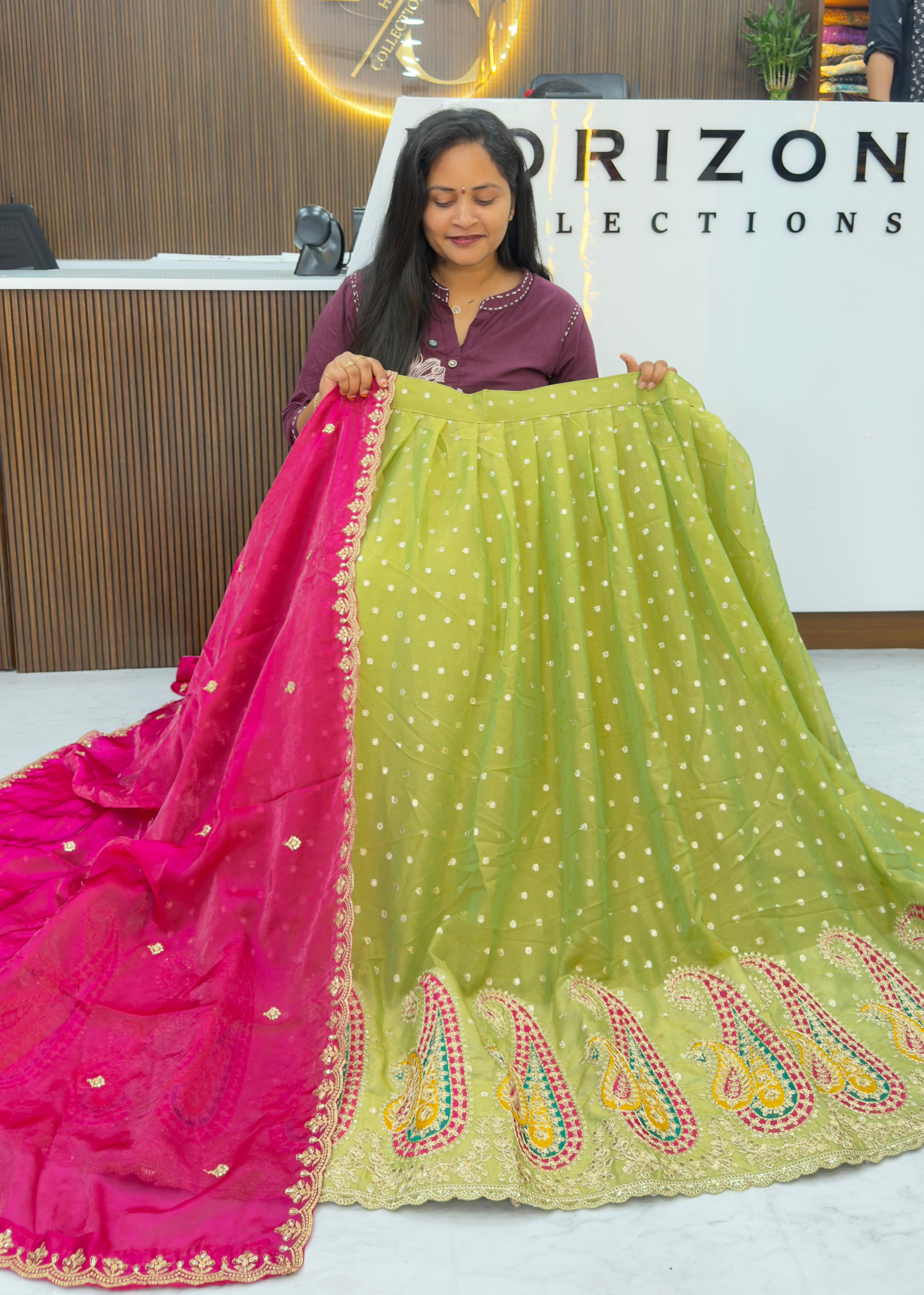 Shimmer tissue party wear lehengas