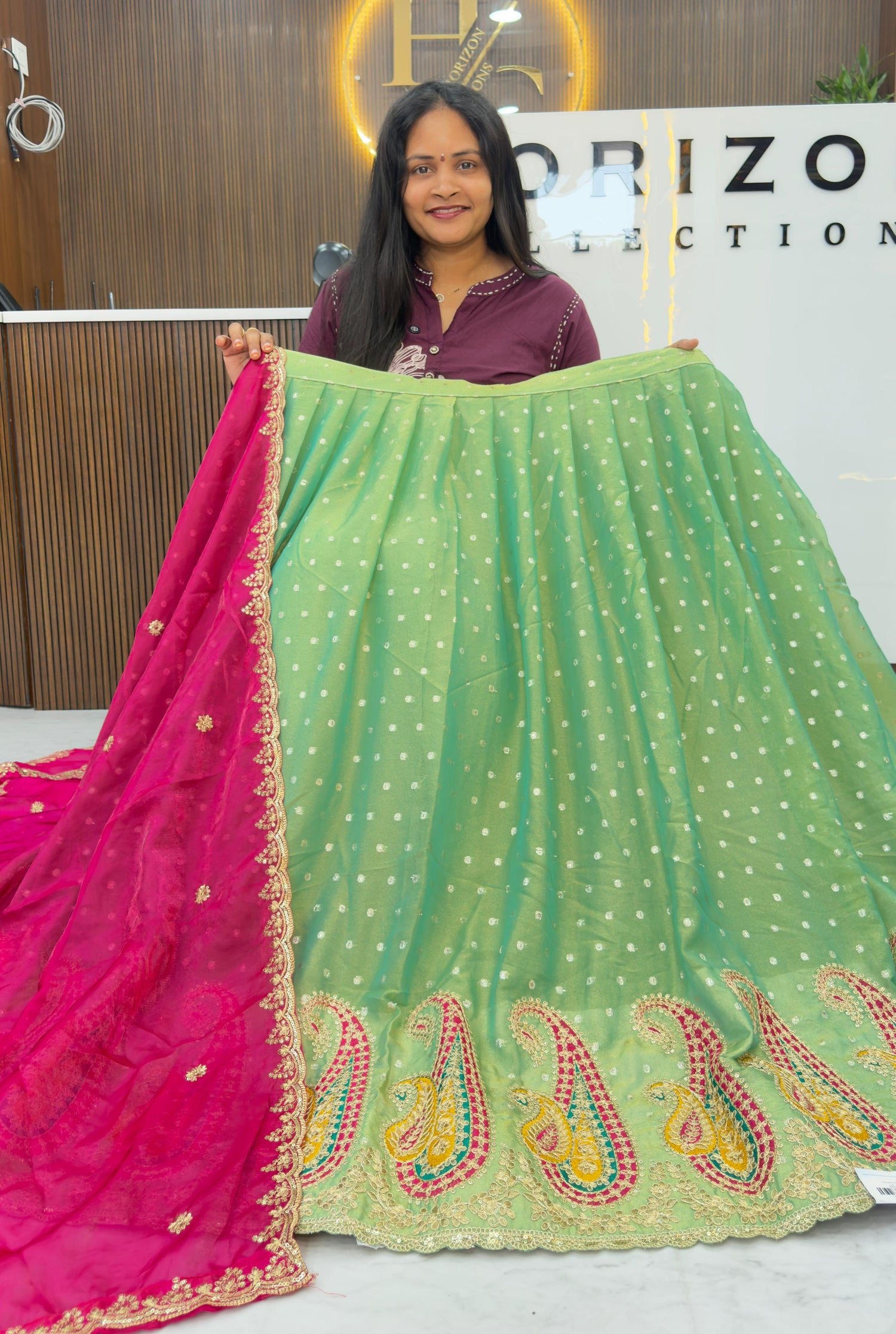 Shimmer tissue party wear lehengas