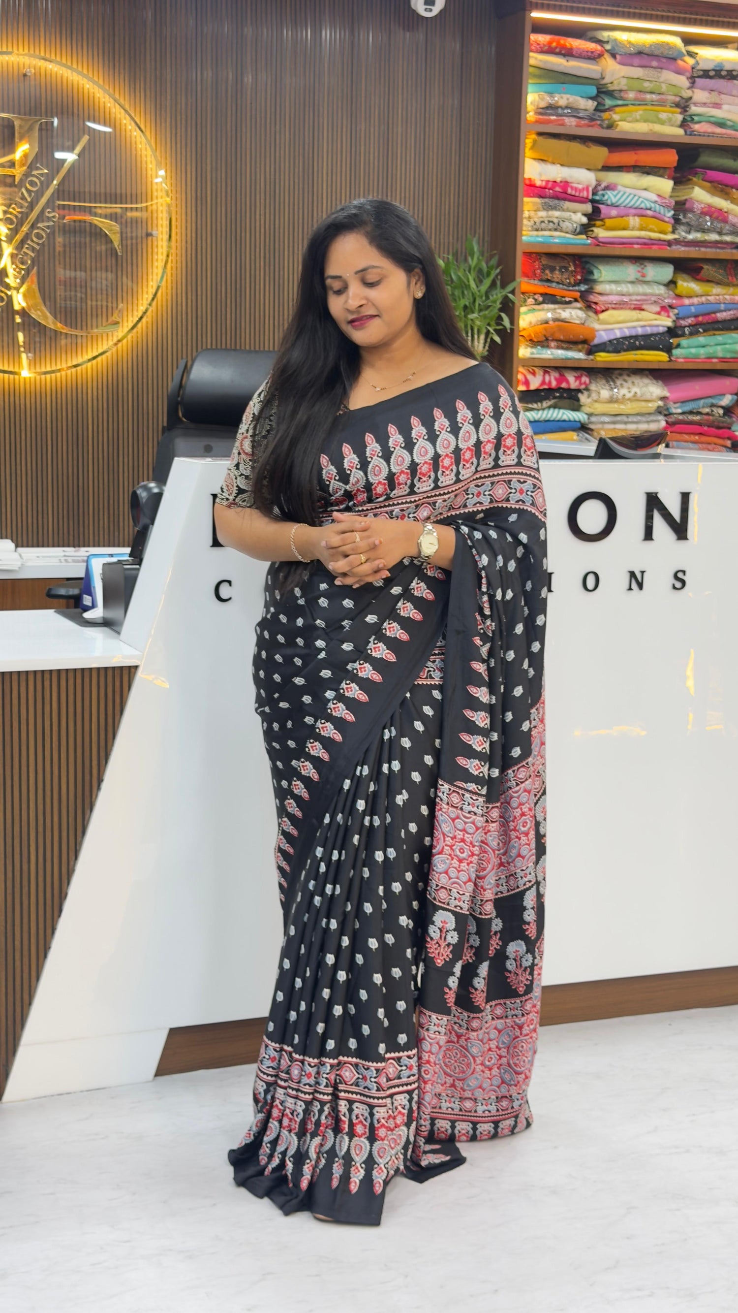 Ajrakh crepe saree