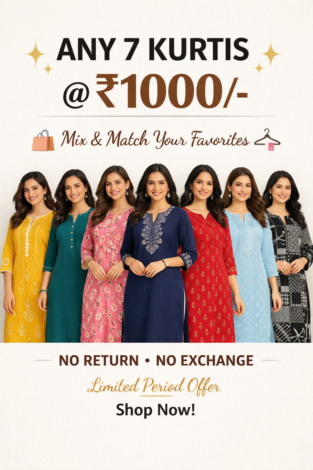 Pre Booking Dispatch time 10 Days !!! Any 7 Kurtis @1000/-