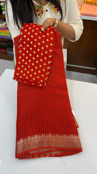 Banarasi chexs pattern Georgette sarees with zari woven border