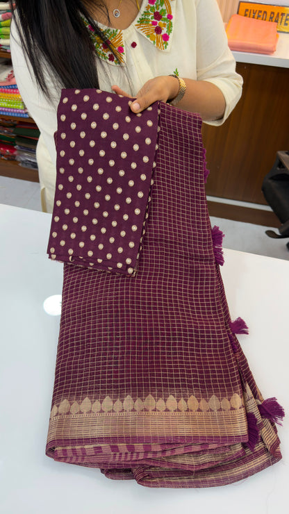Banarasi chexs pattern Georgette sarees with zari woven border