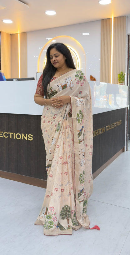 Pre Booking !!! Designer Pichwai Satin crepe sarees Blouse self plain blouse