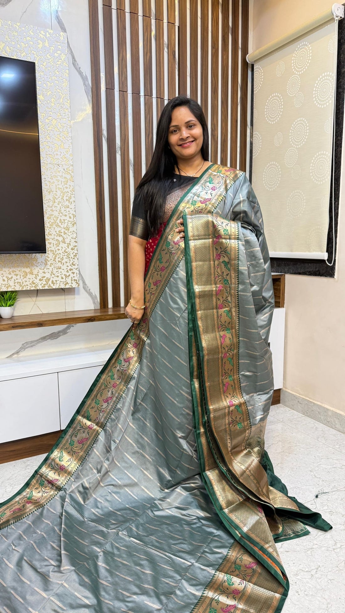 Paithani border grey banarasi saree