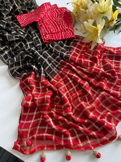 Red and Black Bandini Saree