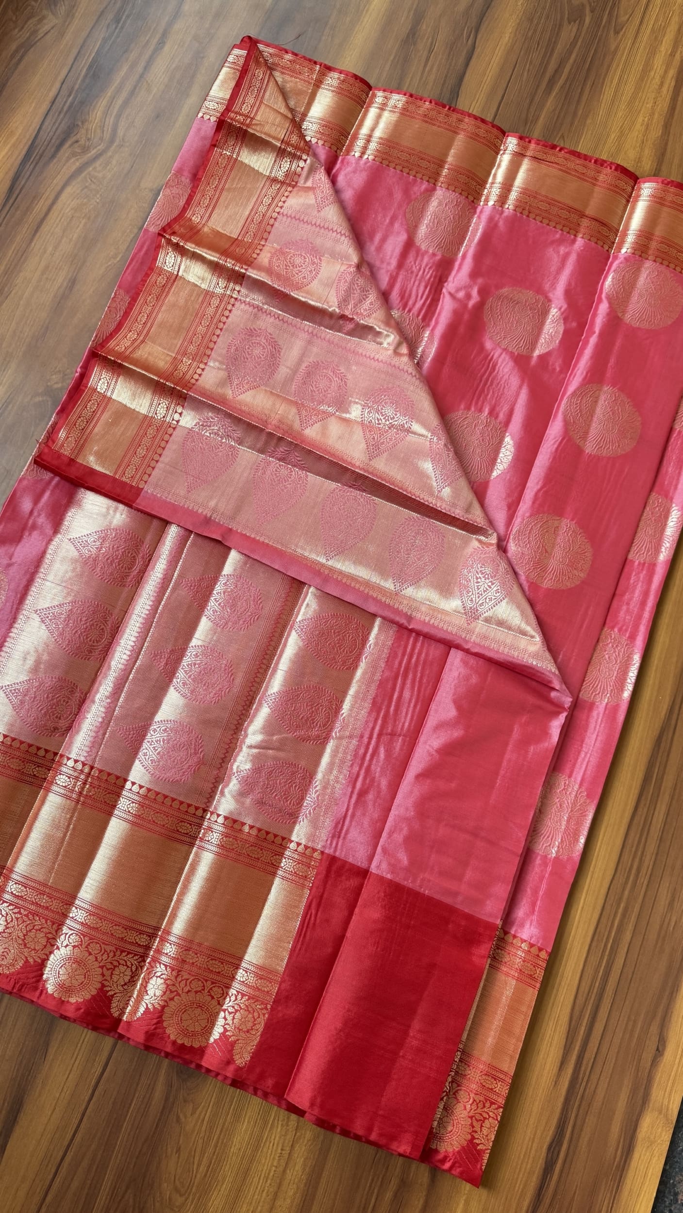 Pink pastel Banarasi saree with Red border