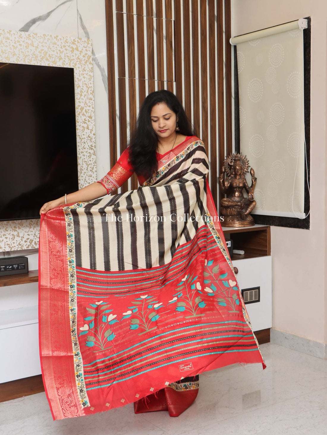 Russian Silk in black and white combo with floral borders